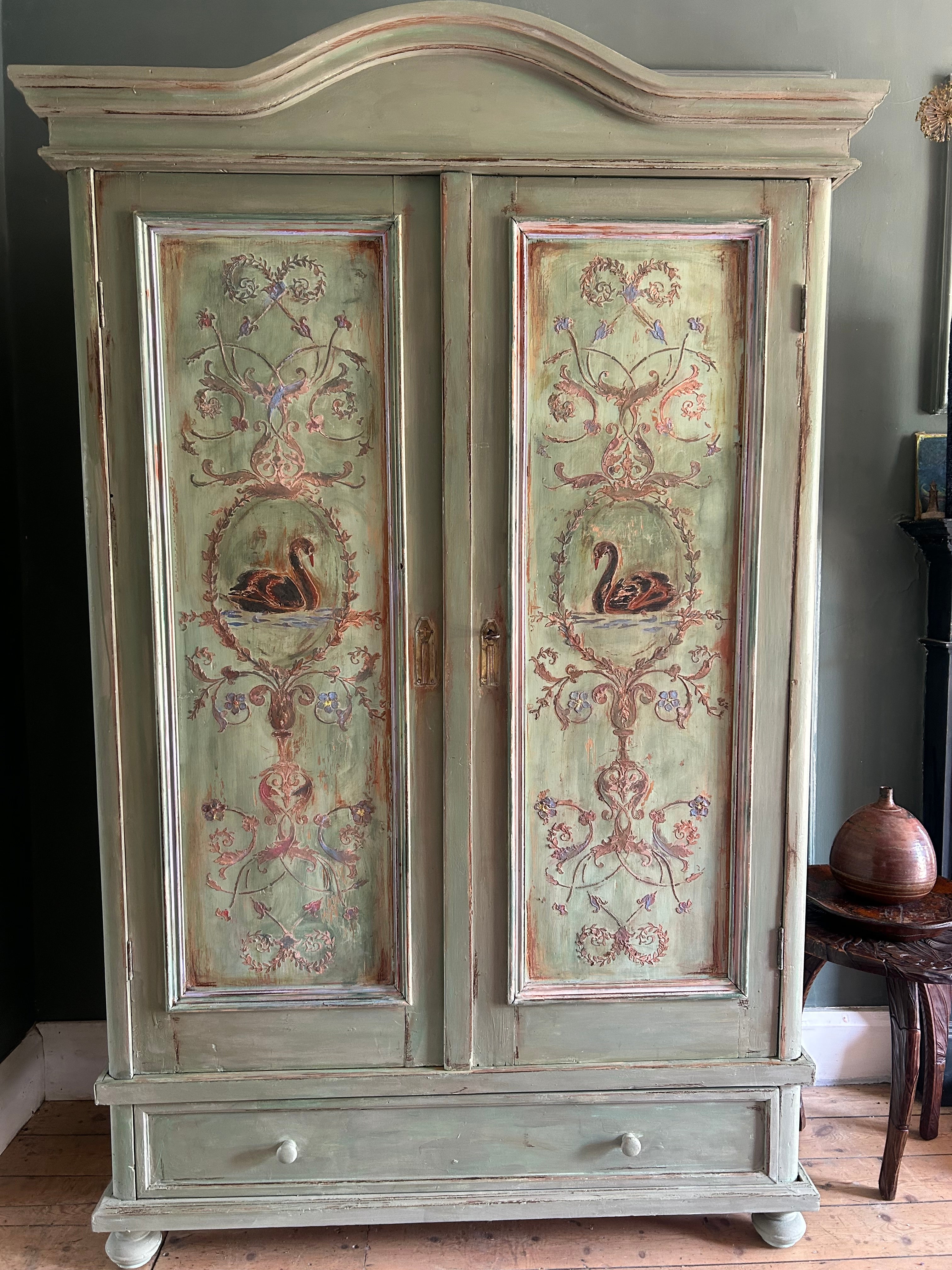 Painted Pine French Wardrobe with Chinoiserie Black Swan