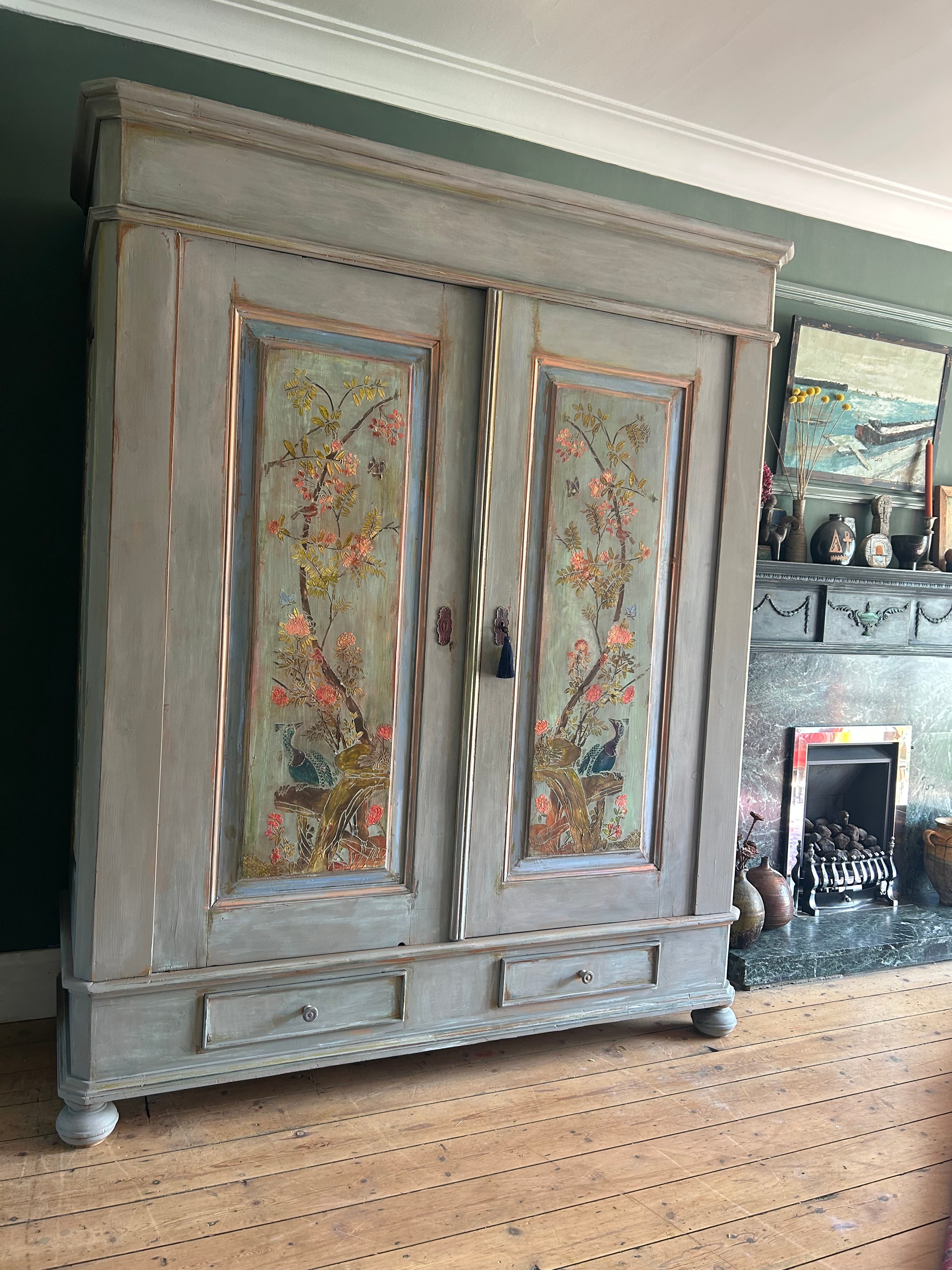 Vintage Painted Double wardrobe with Inlaid Chinoiserie