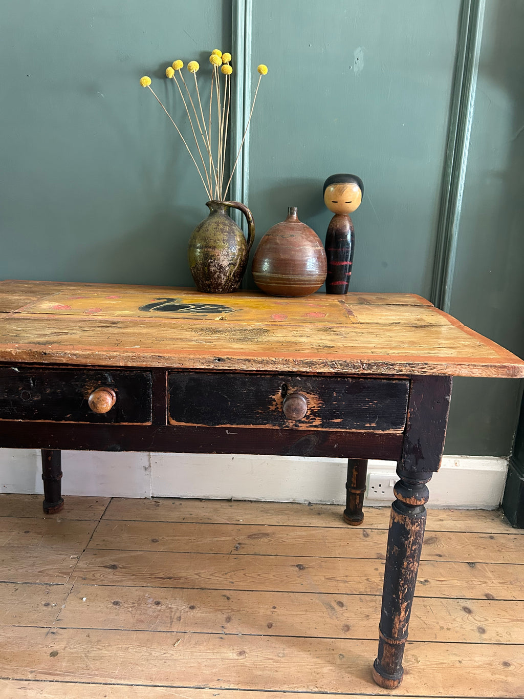 Vintage Pine console Table with Folk Art Sean Design