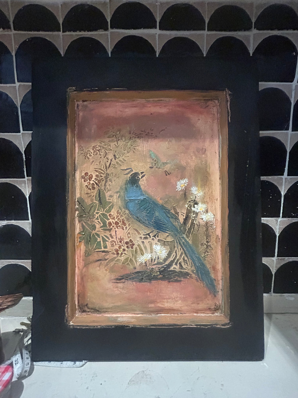 Reclaimed Door Wallhanging with Bird Chinoiserie