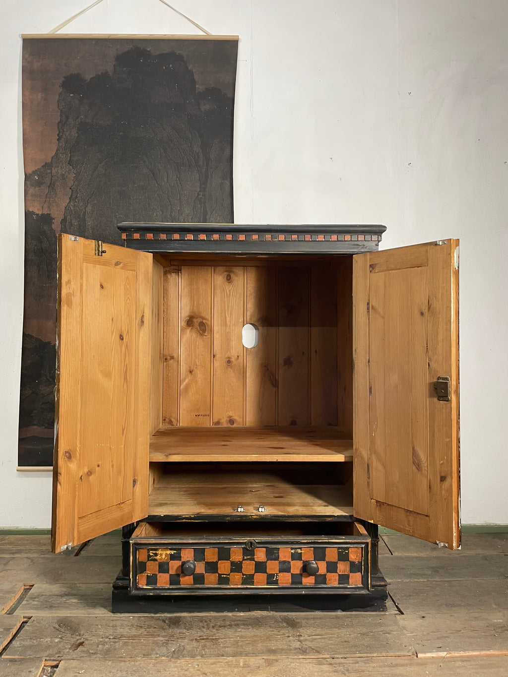 Vintage Painted Pine Folk Art Cupboard