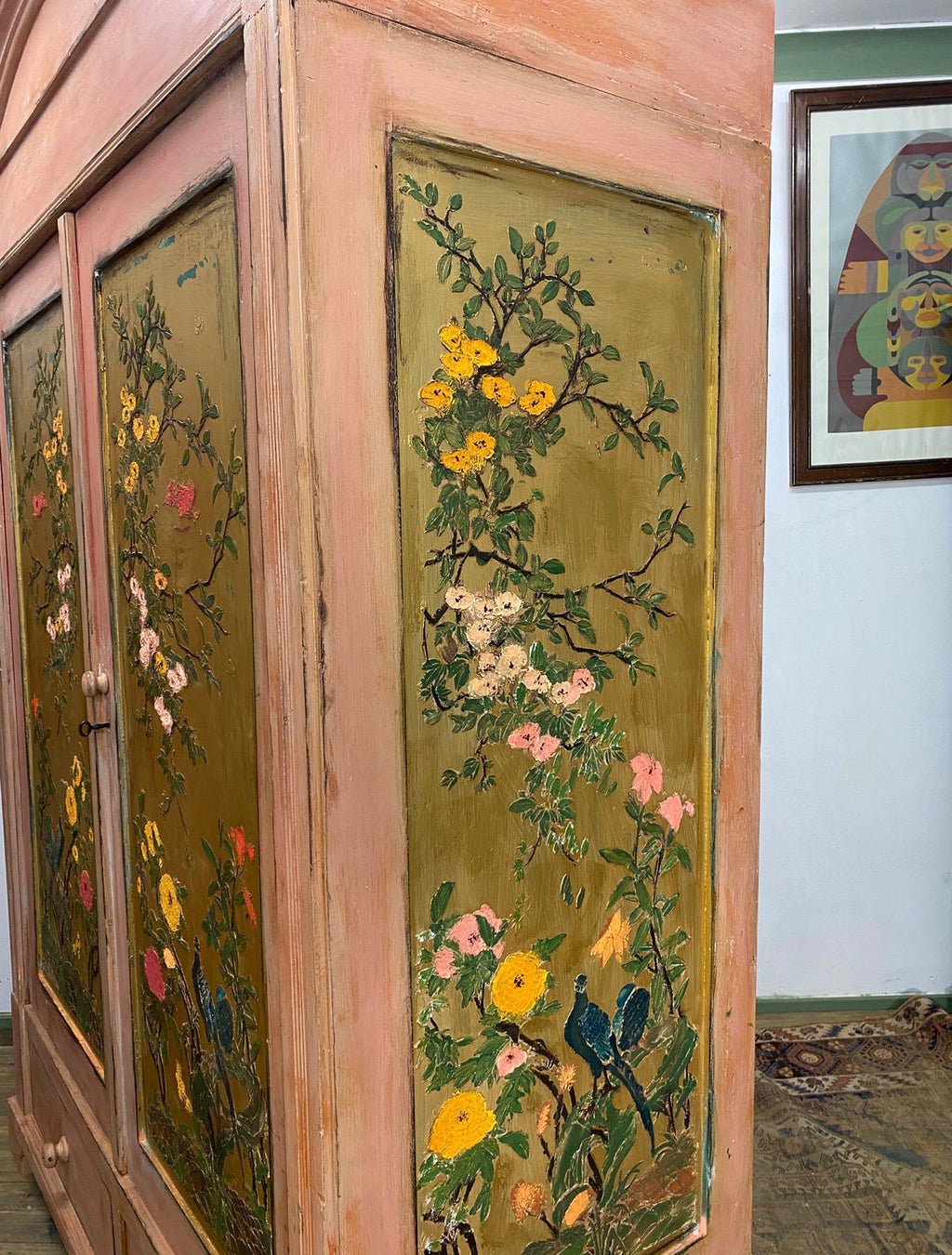 Vintage Pine Knockdown Painted Wardrobe with Chinoiserie Panels