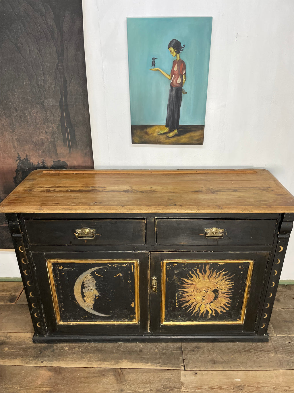 Vintage Painted Pine Sun & Moon Cupboard