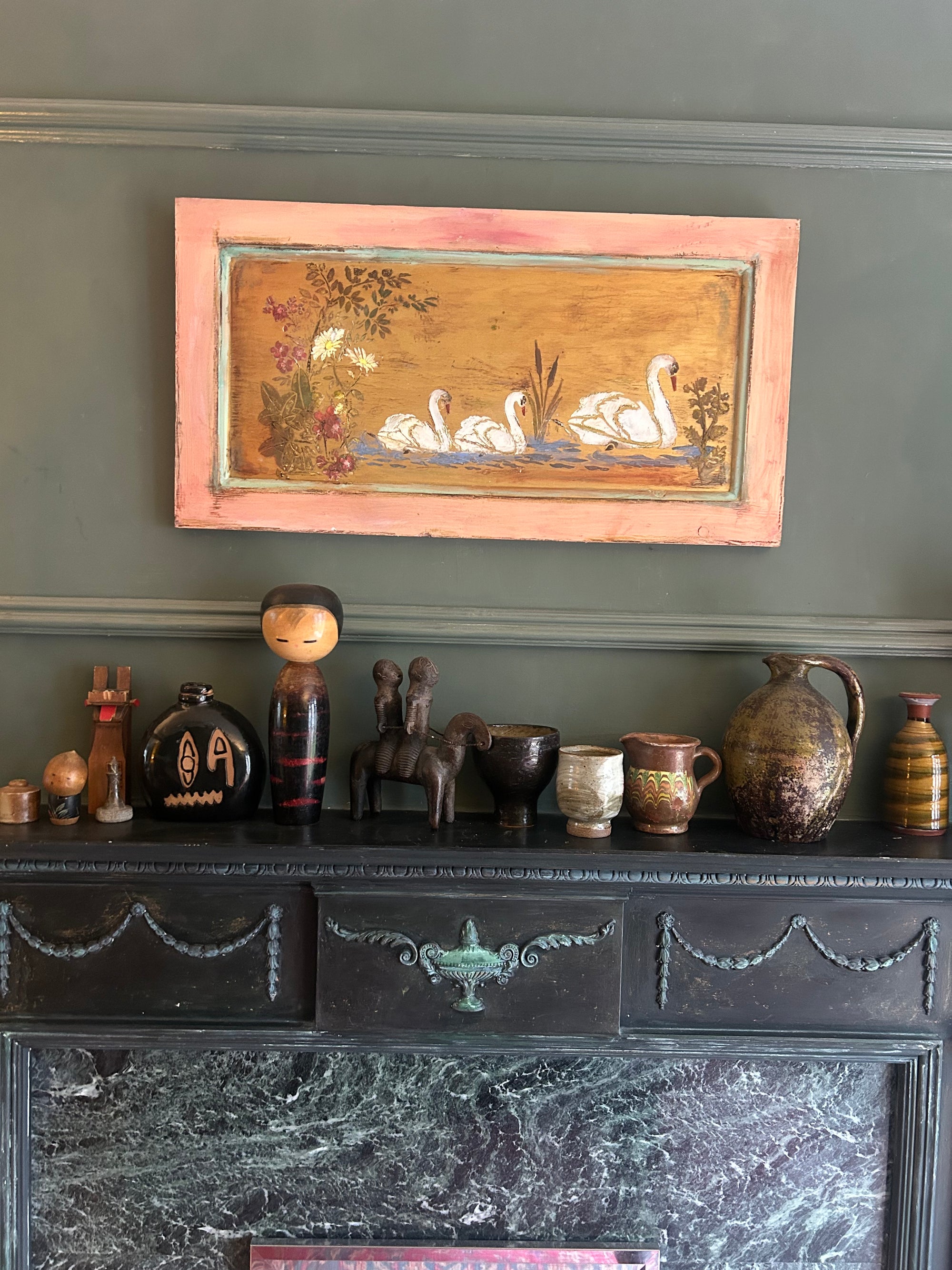 Reclaimed Door Wallhanging with Swan Chinoiserie