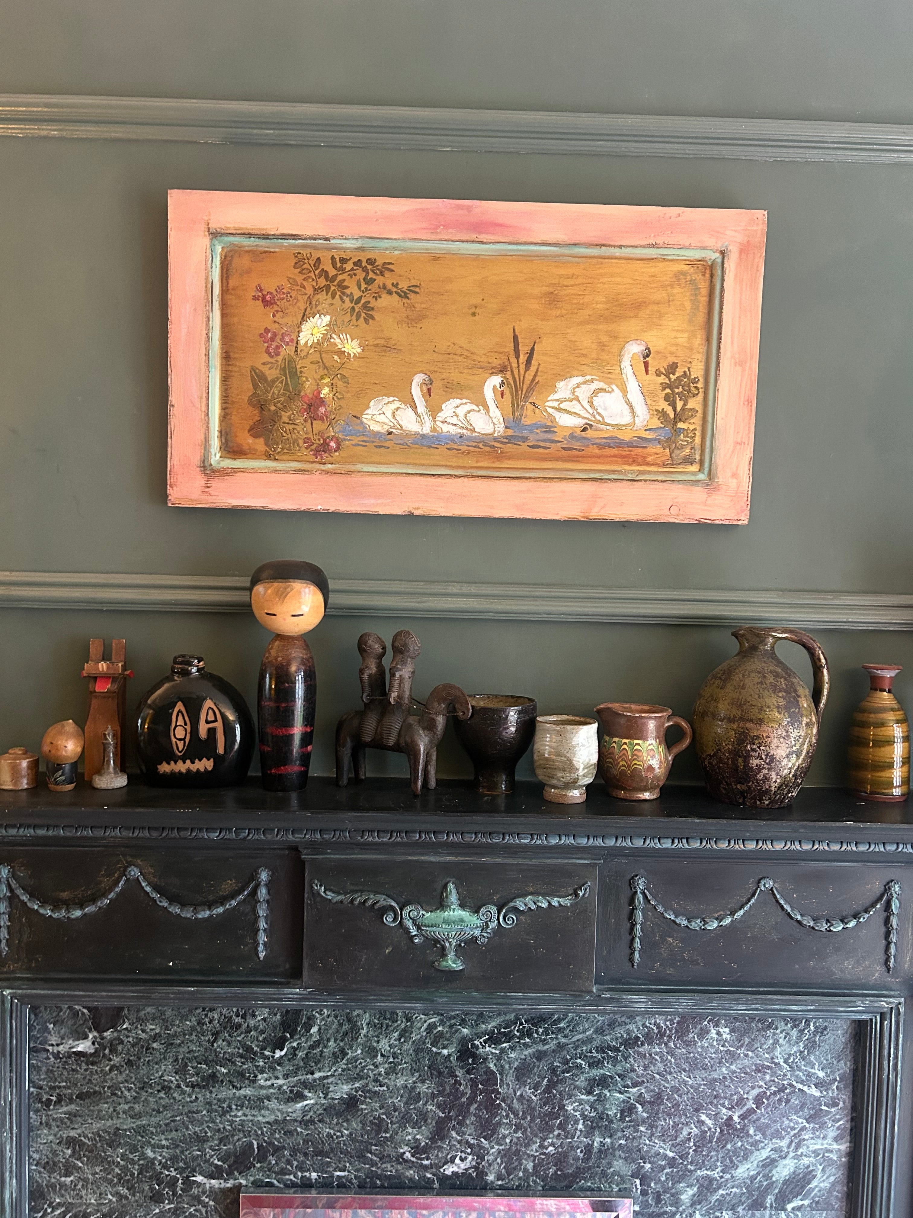 Reclaimed Door Wallhanging with Swan Chinoiserie