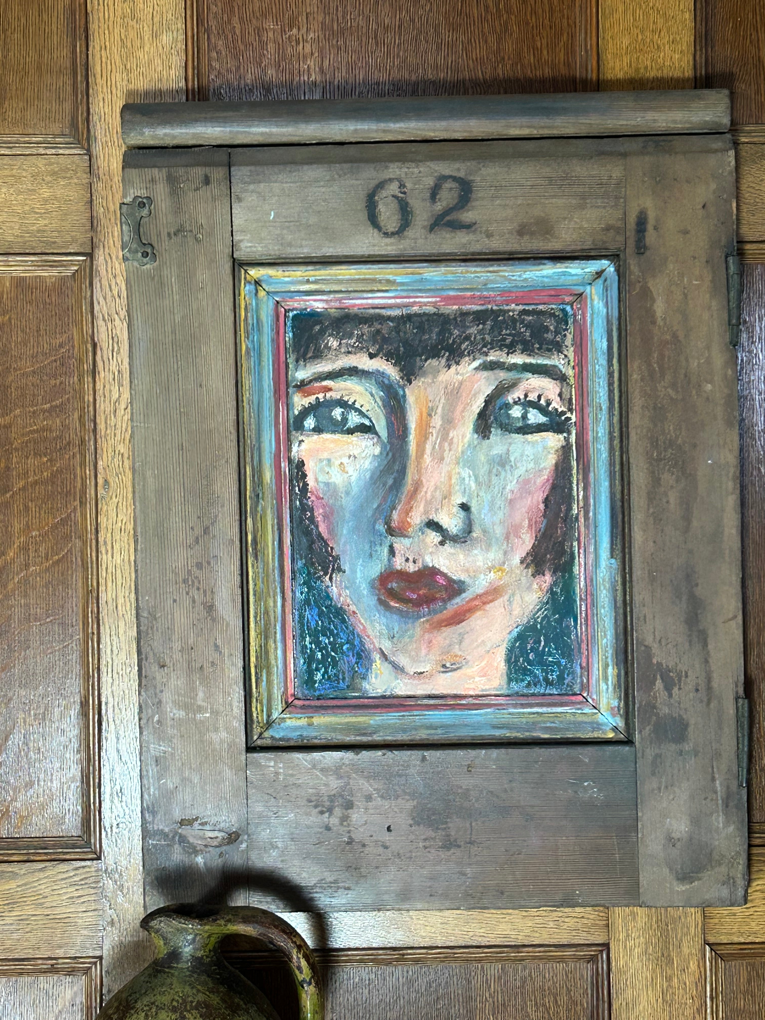 Reclaimed Church Pew Door Wallhanging with Vintage French painting