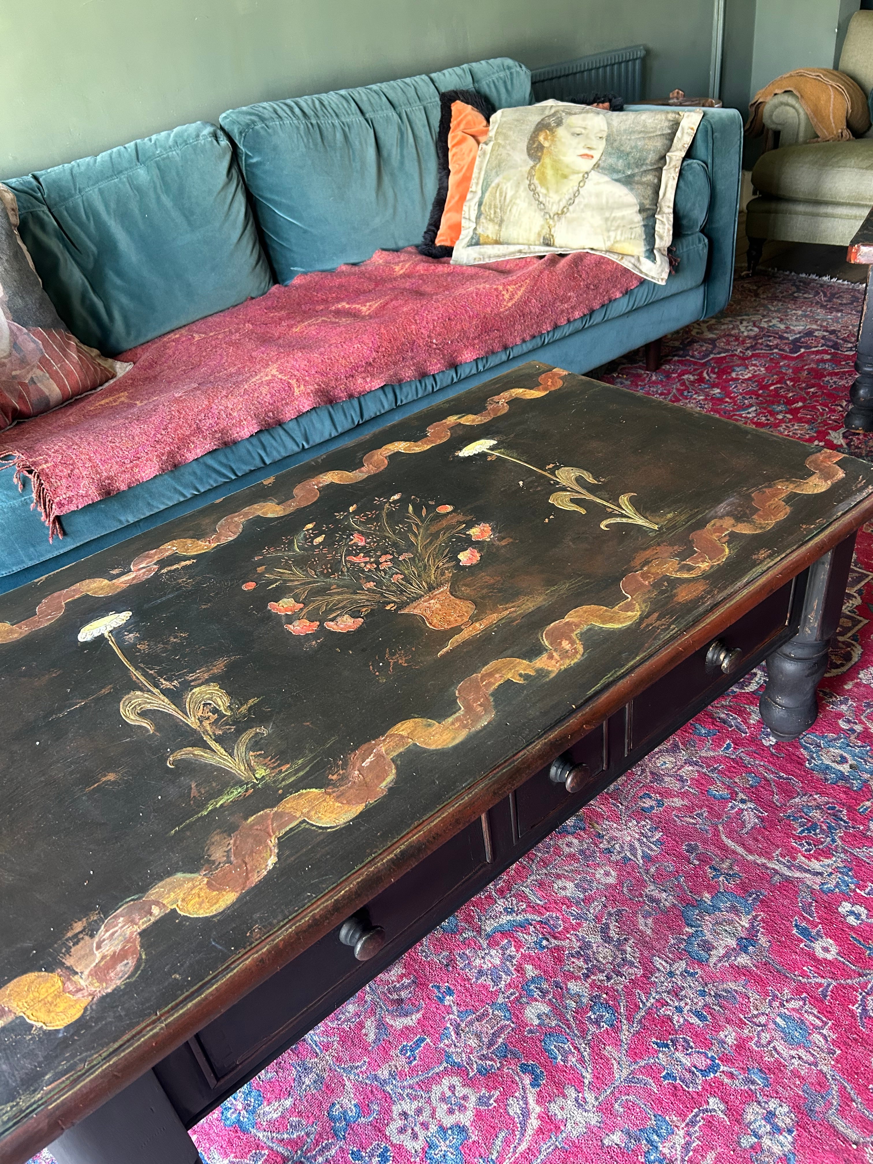 Vintage Painted Coffee Table with Folk Art Design