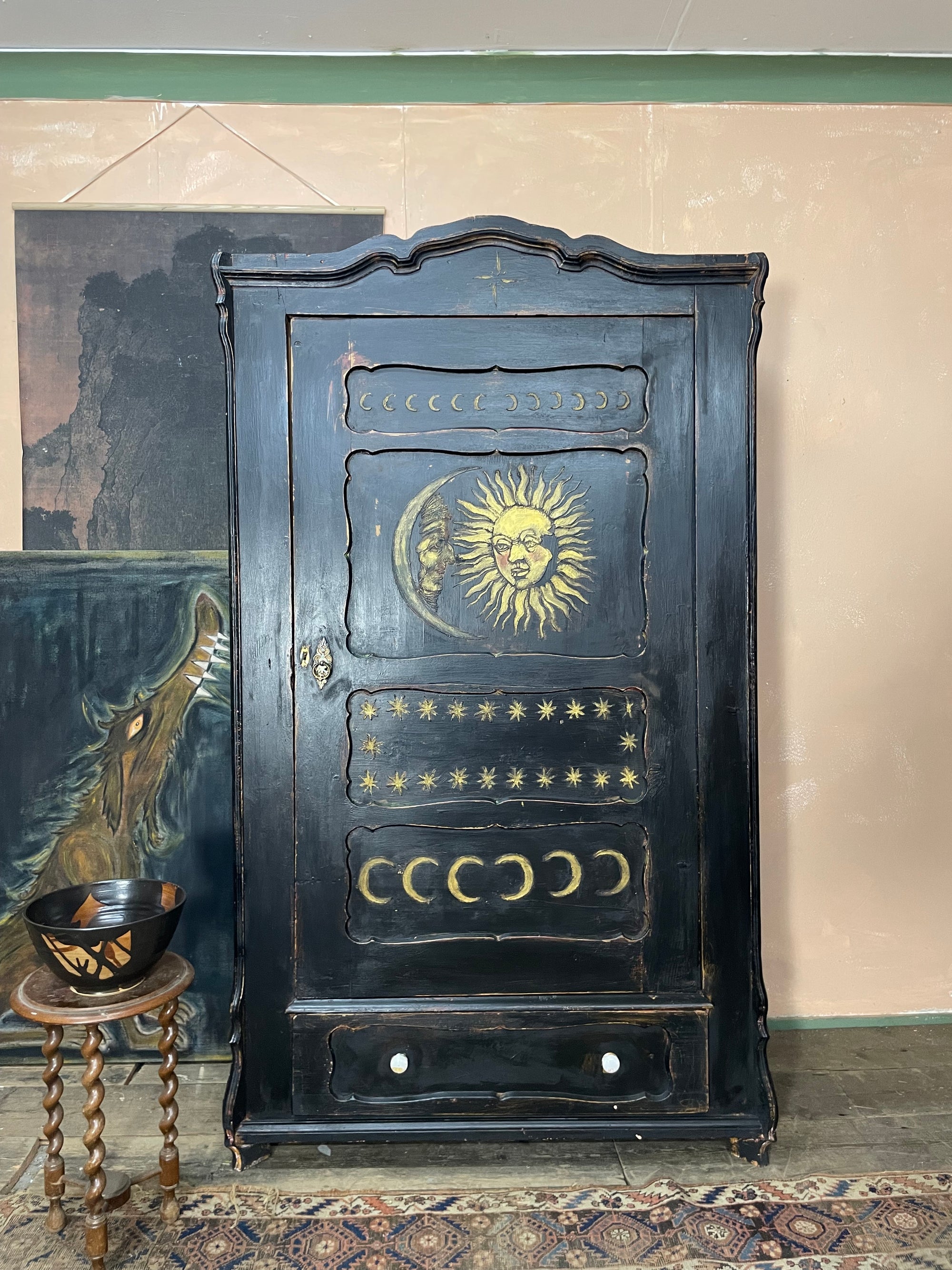 Vintage Painted Pine Folk Art Celestial Wardrobe