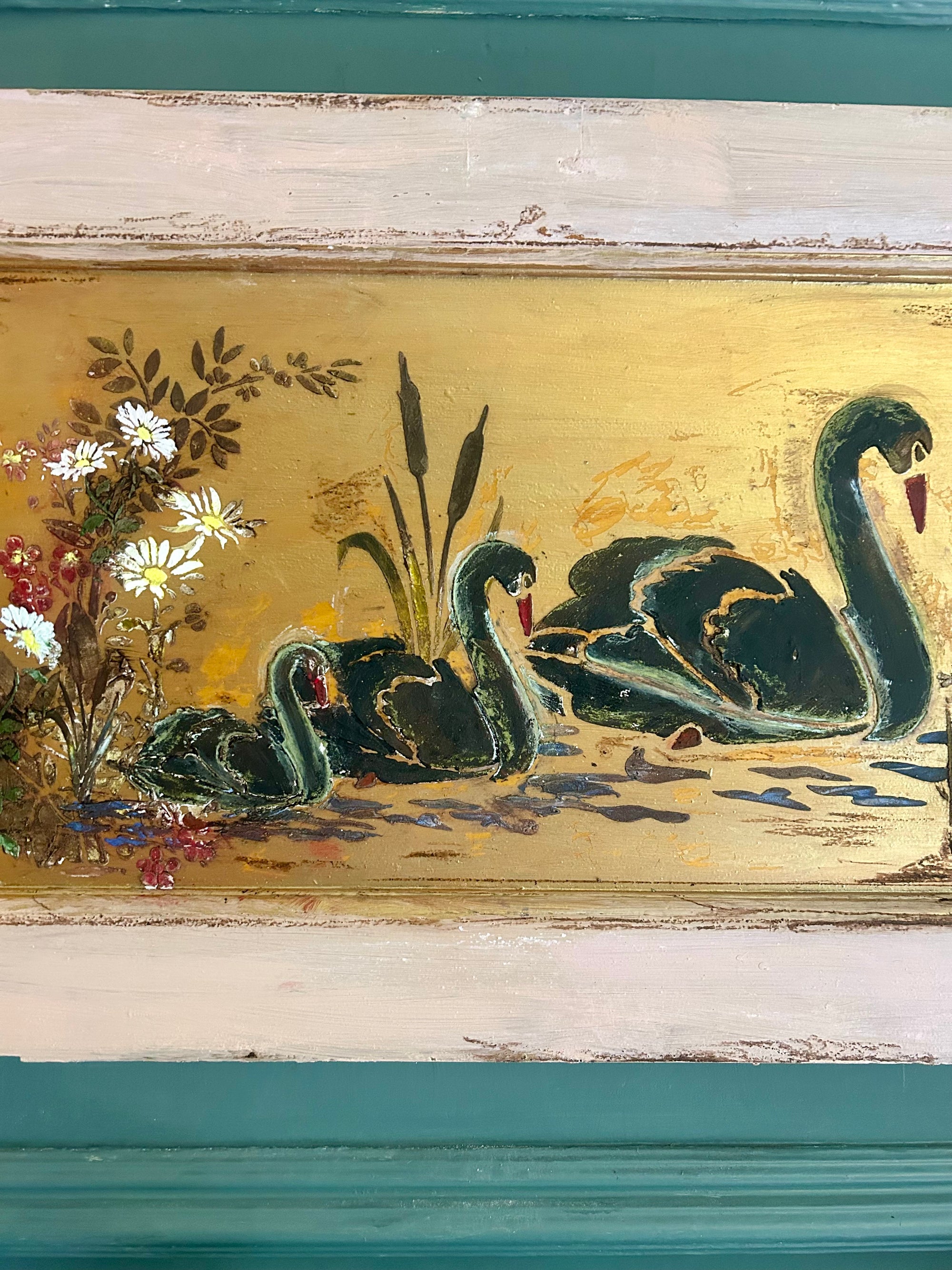 Reclaimed Door Wallhanging with Black Swan Chinoiserie
