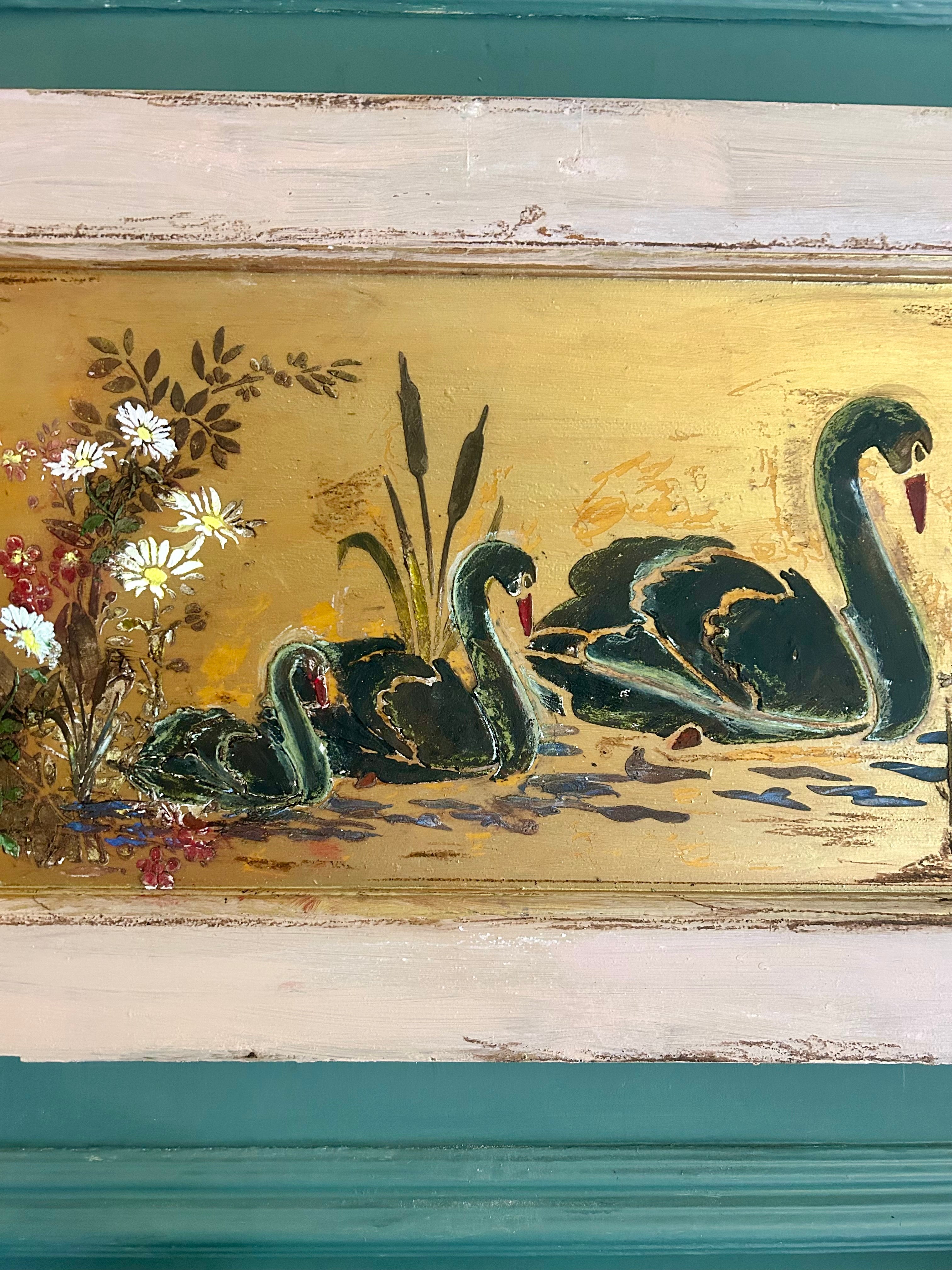 Reclaimed Door Wallhanging with Black Swan Chinoiserie