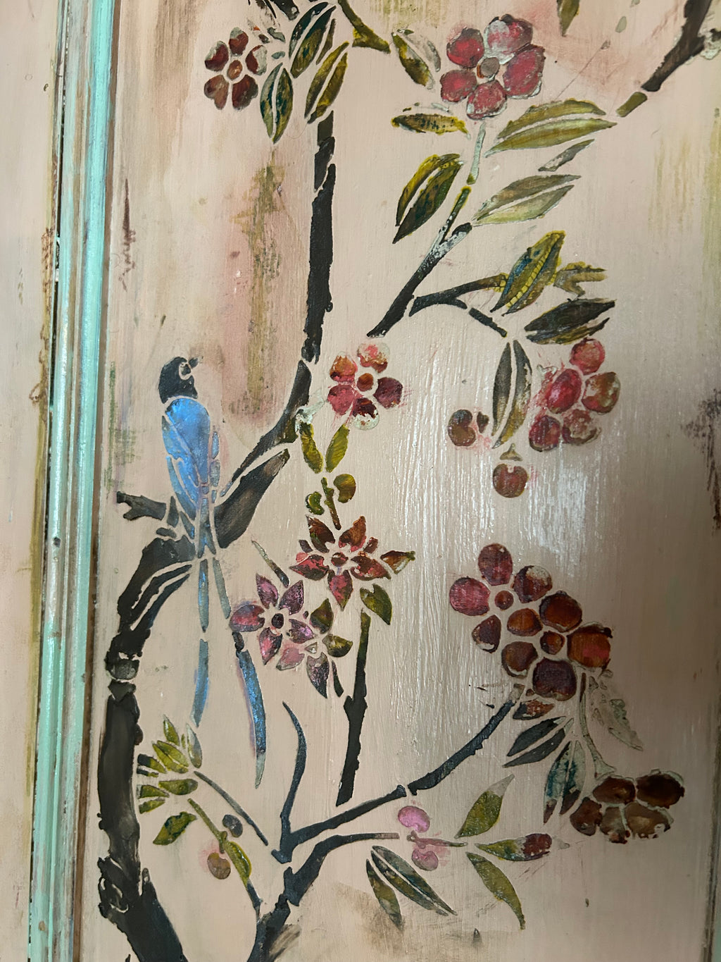 Vintage Painted Pine Wardrobe with Inlaid Chinoiserie