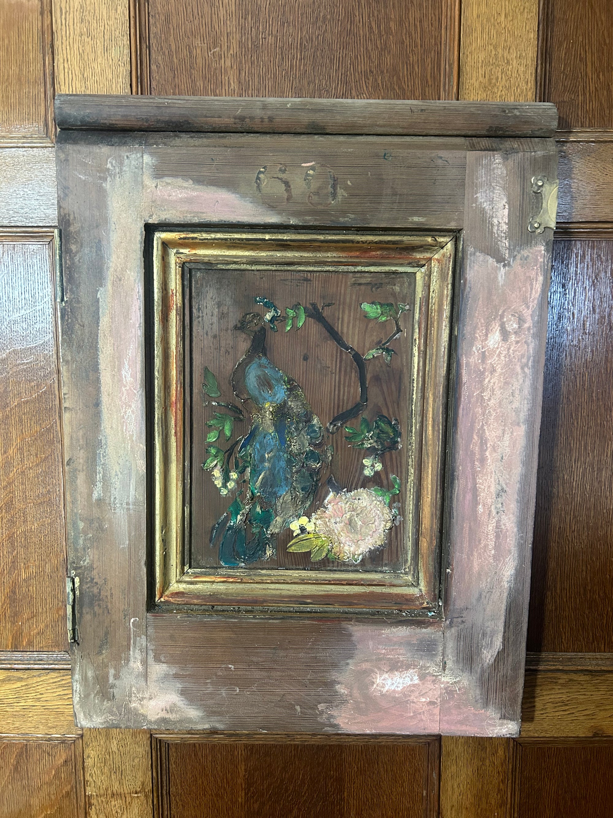 Reclaimed Church Pew Door with Inlaid Peacock