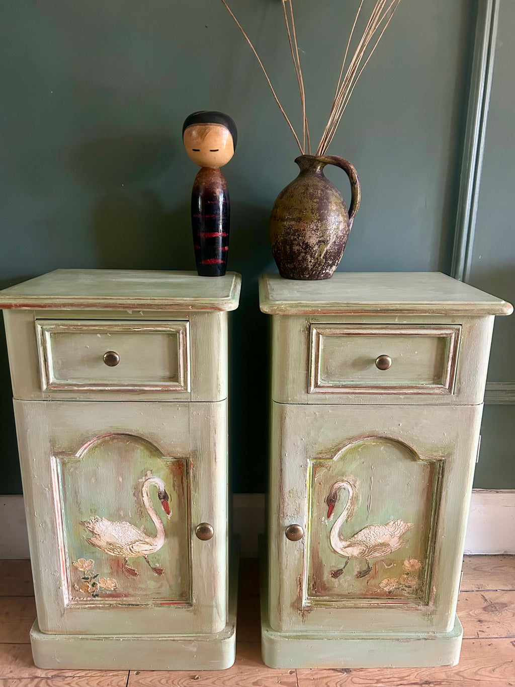 Vintage Painted Bedside Cupboards with folk Art Swans