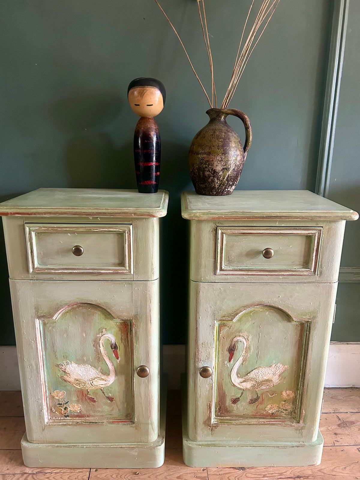 Vintage Painted Bedside Cupboards with folk Art Swans