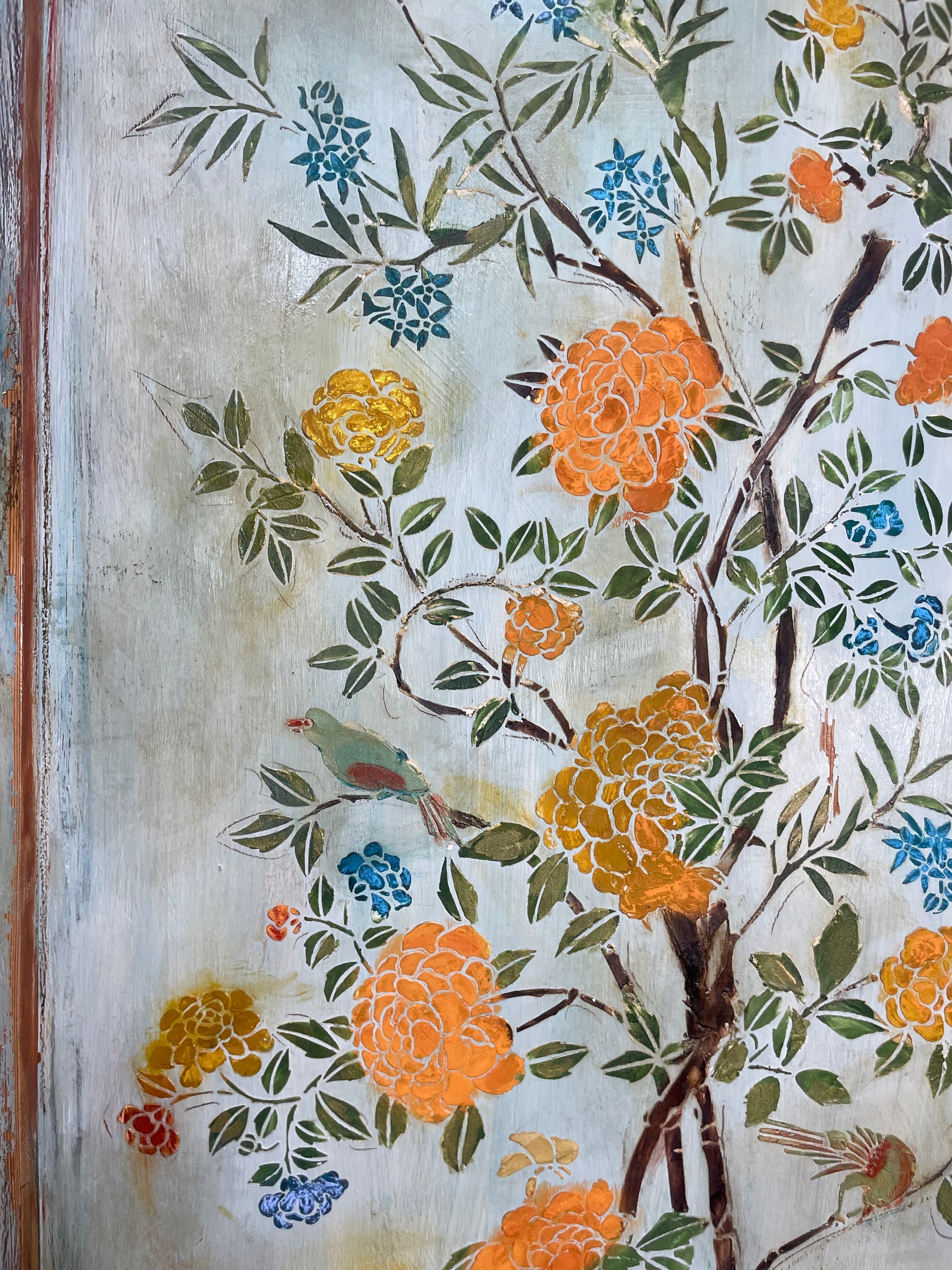 Vintage Painted Pine Wardrobe/ Linen Press with Chinoiserie Panel