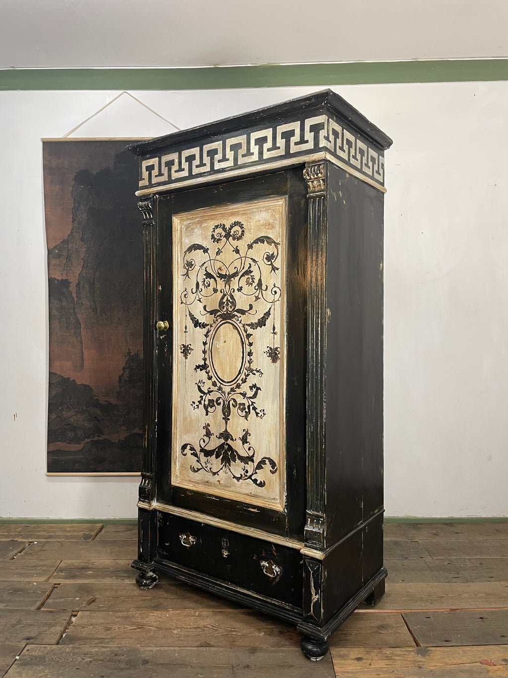 Vintage Painted Pine Wardrobe with Versailles Panel