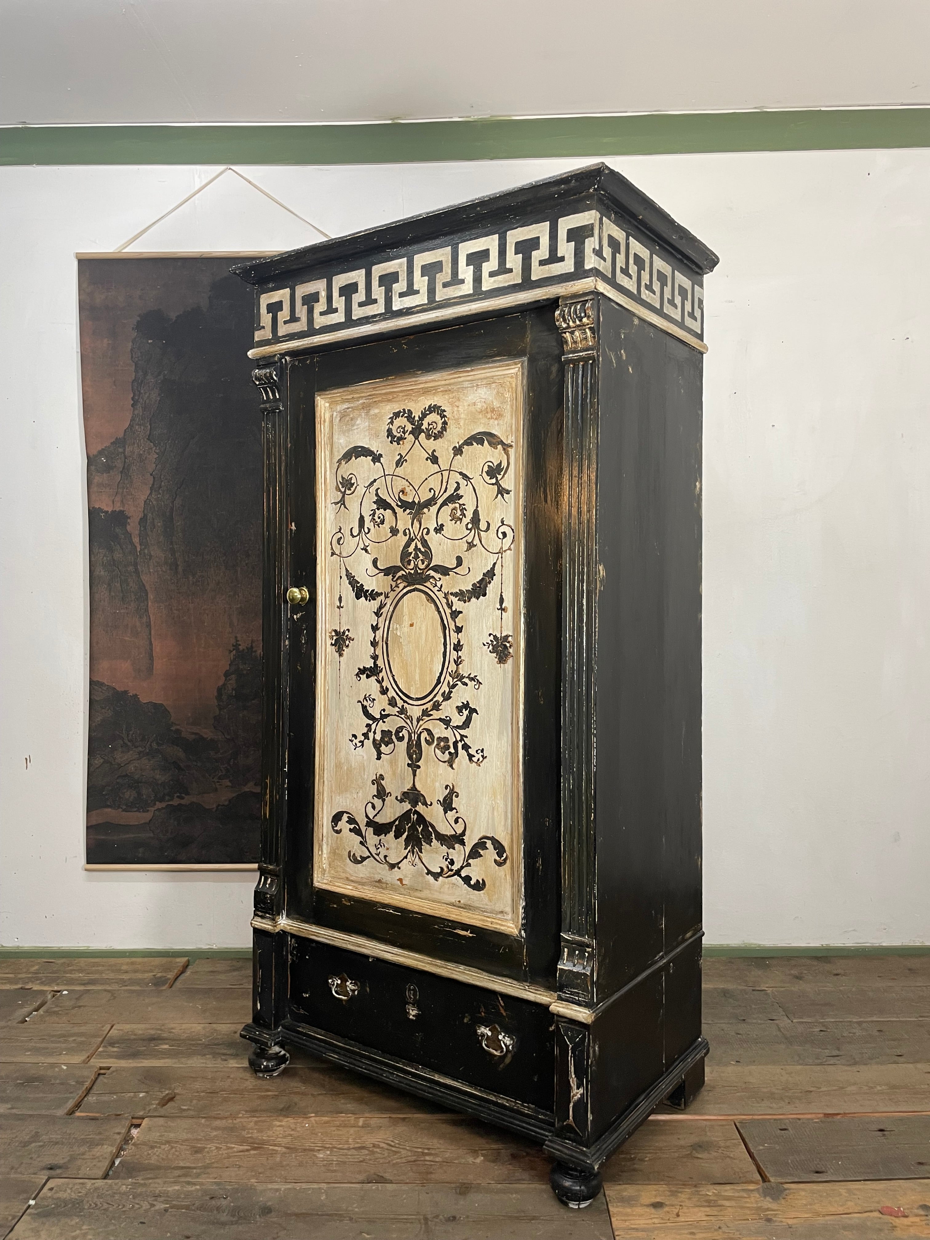 Vintage Painted Pine Wardrobe with Versailles Panel