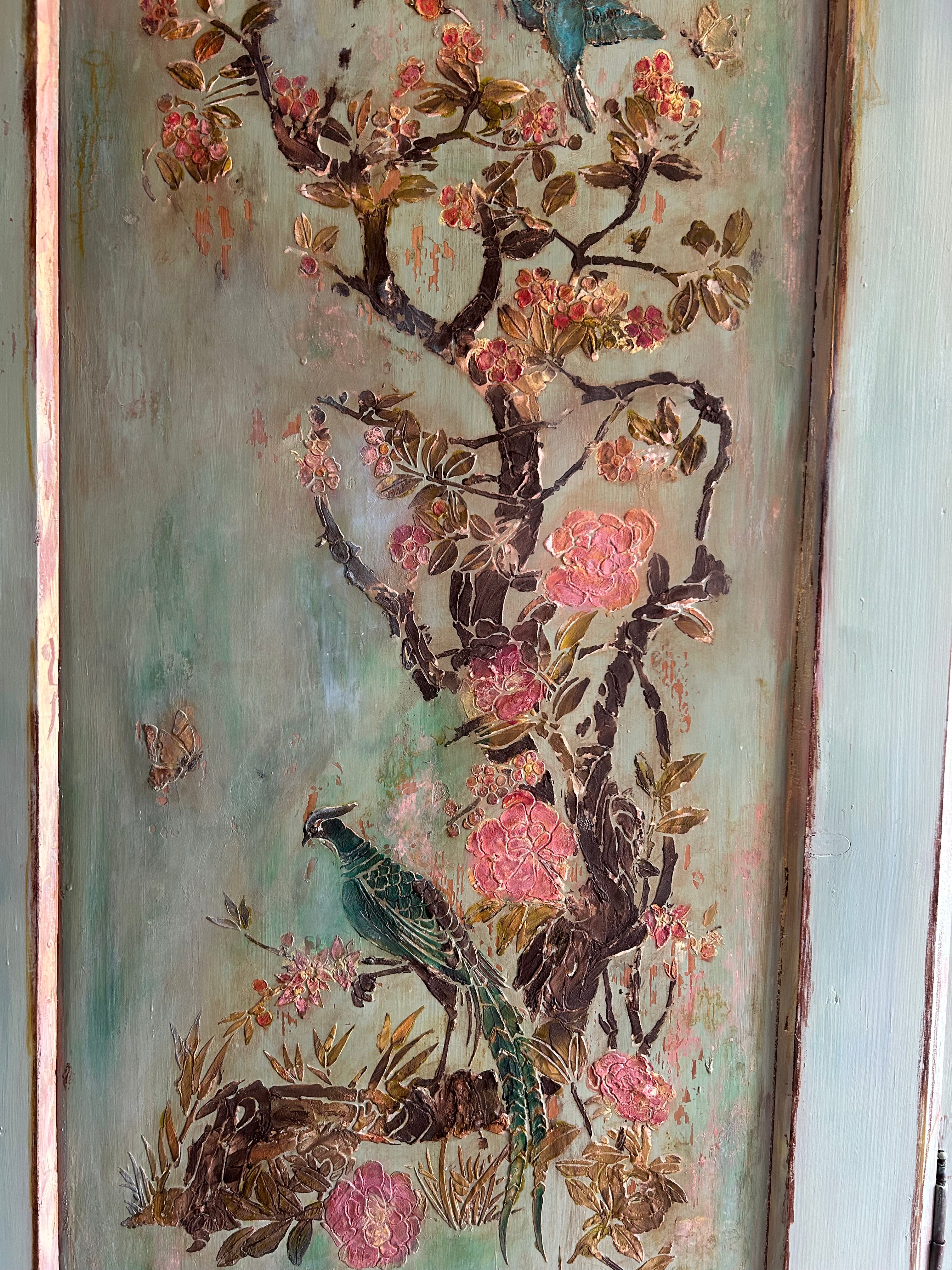 Vintage Painted Pine Armoire with Inlaid Chinoiserie