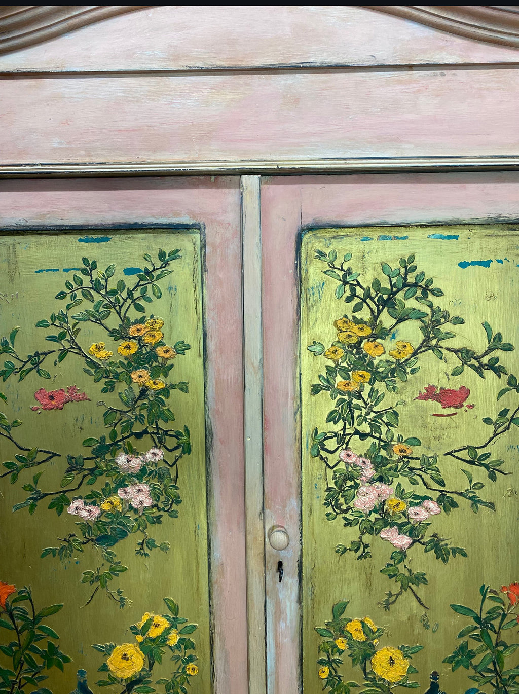 Vintage Pine Knockdown Painted Wardrobe with Chinoiserie Panels