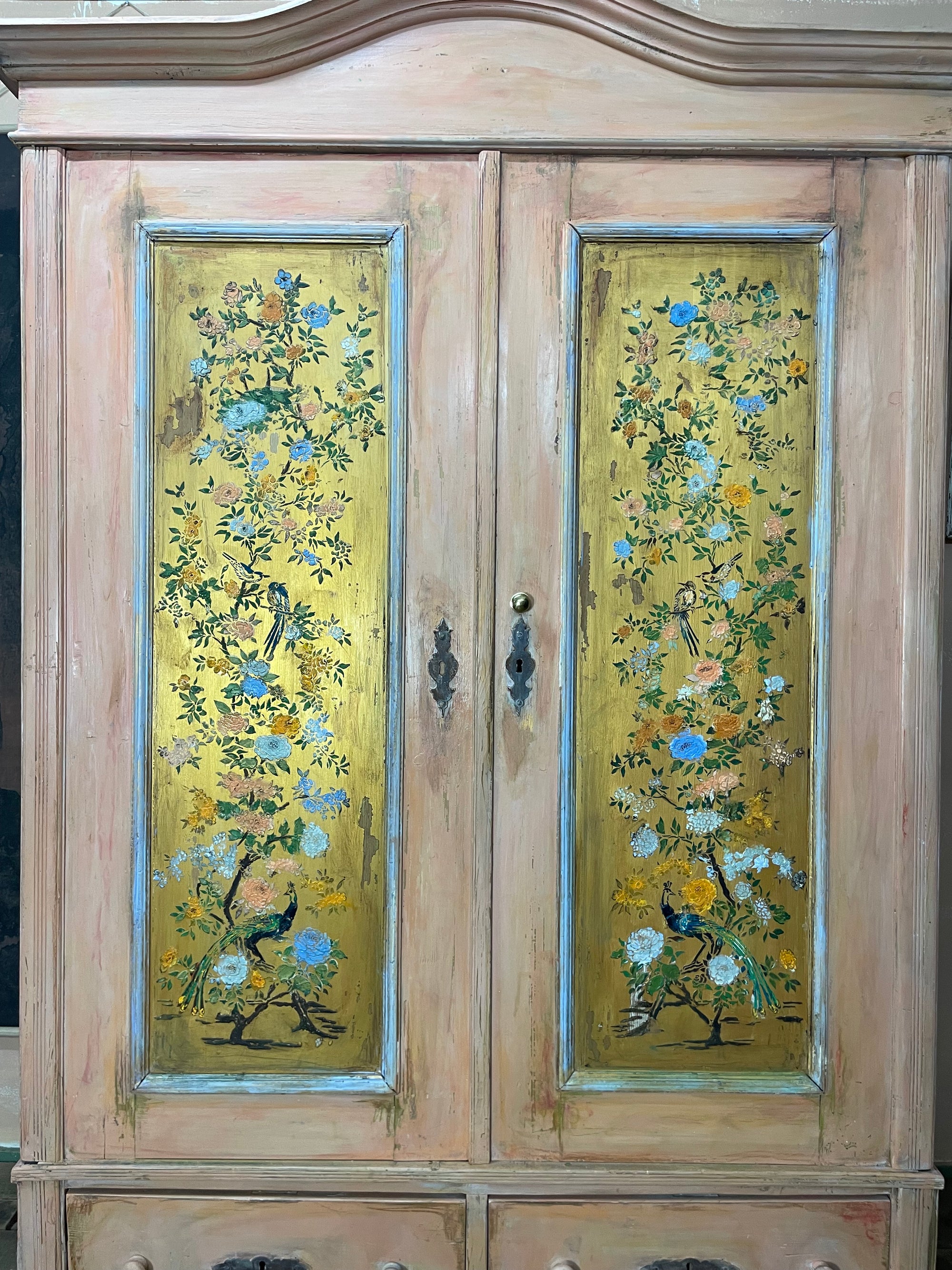 Vintage/ Antique Painted Pine Wardrobe with Inlaid Chinoiserie Panels