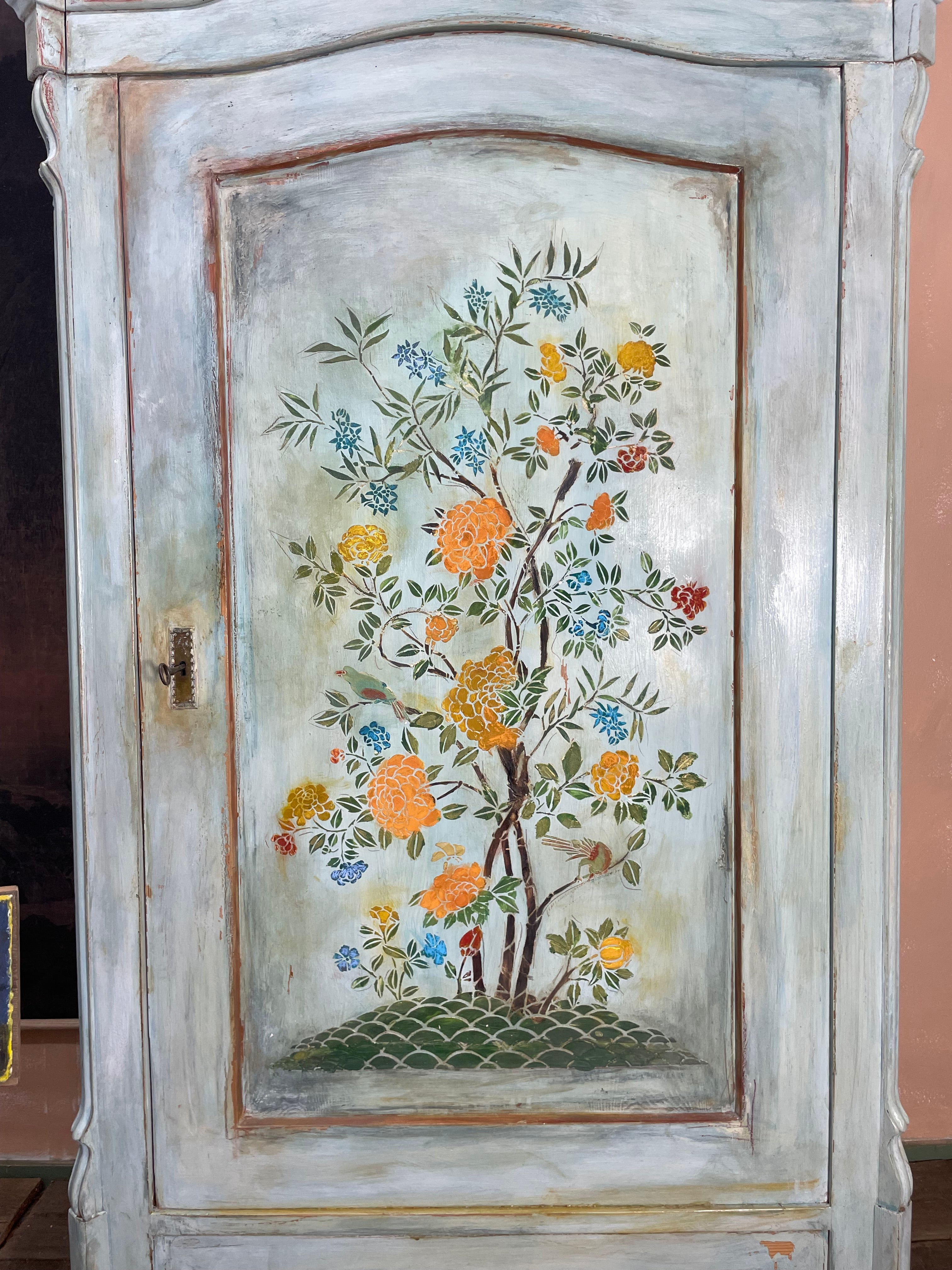 Vintage Painted Pine Wardrobe/ Linen Press with Chinoiserie Panel