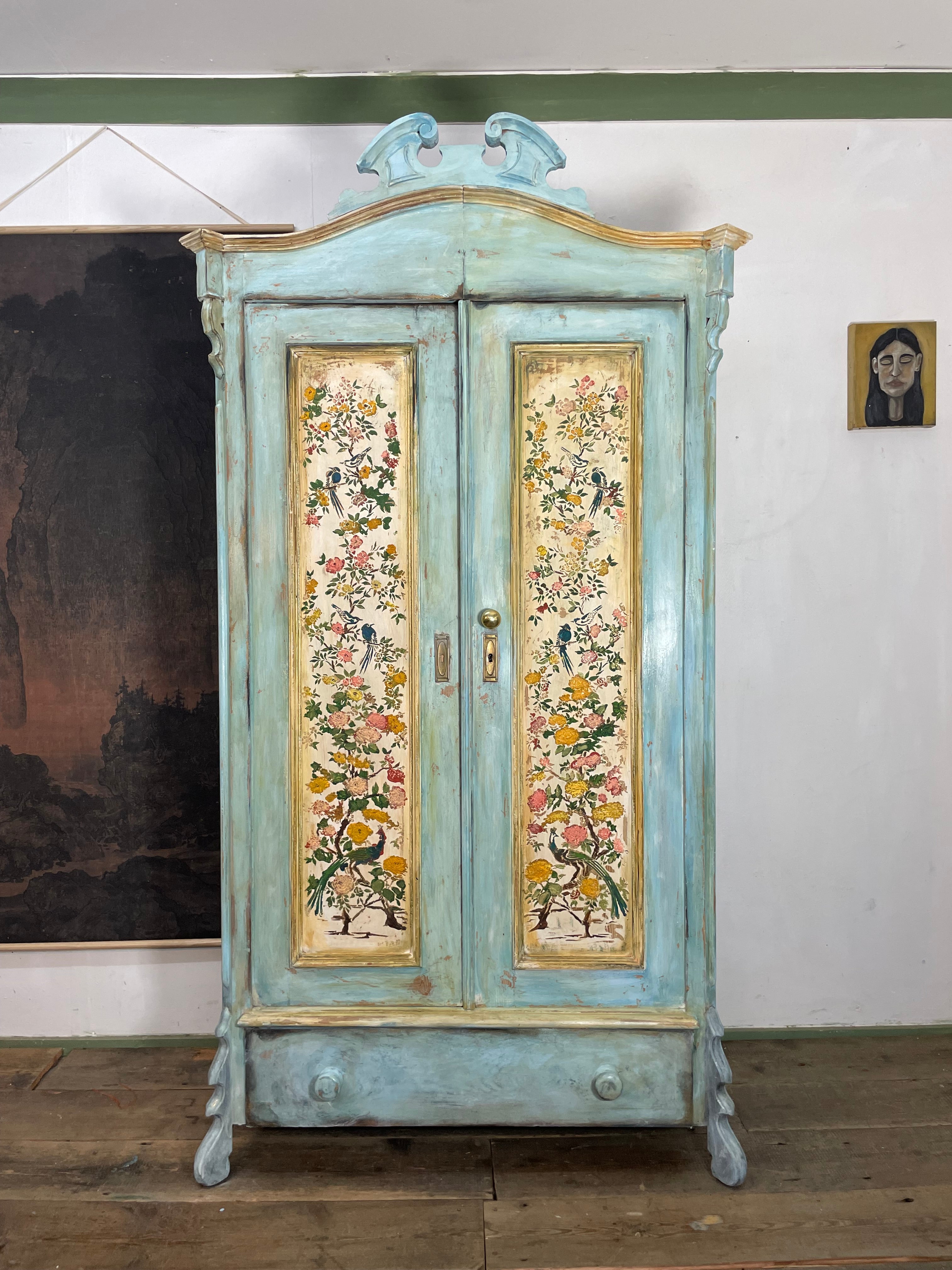 Vintage French Painted Pine Armoire with Chinoiserie Panels