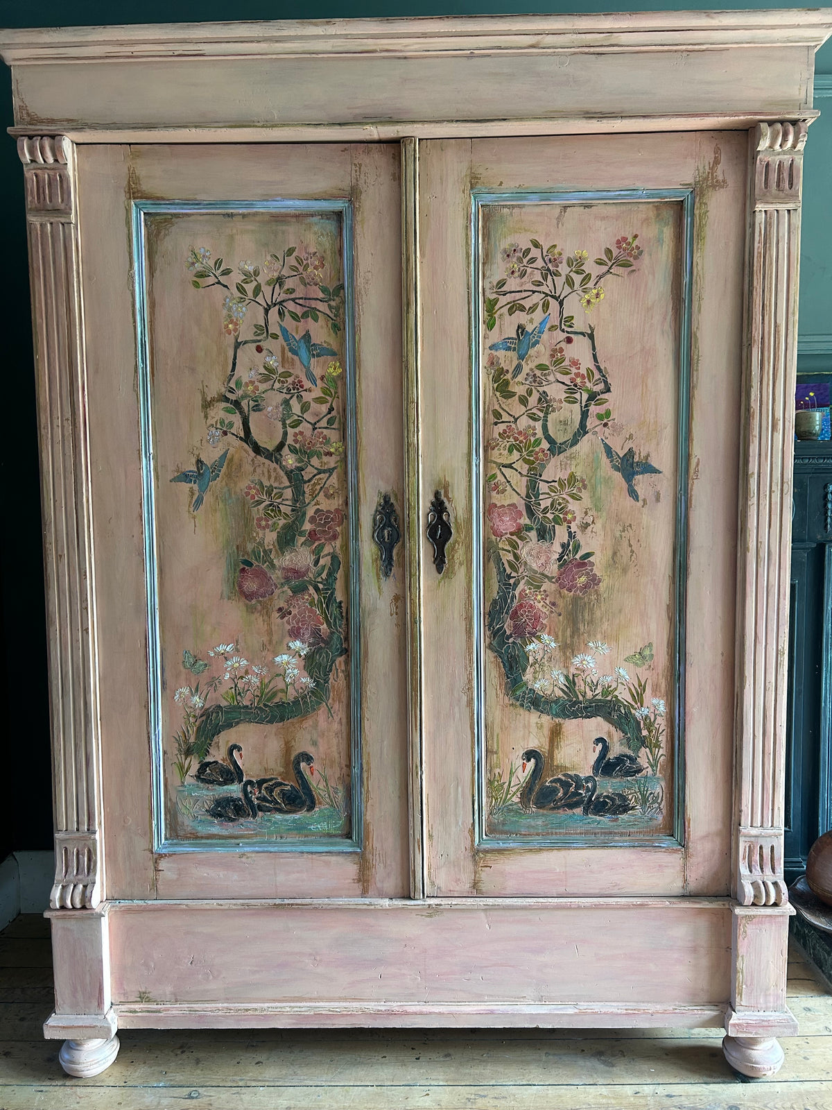 Vintage French Wardrobe with Swan Chinoiserie