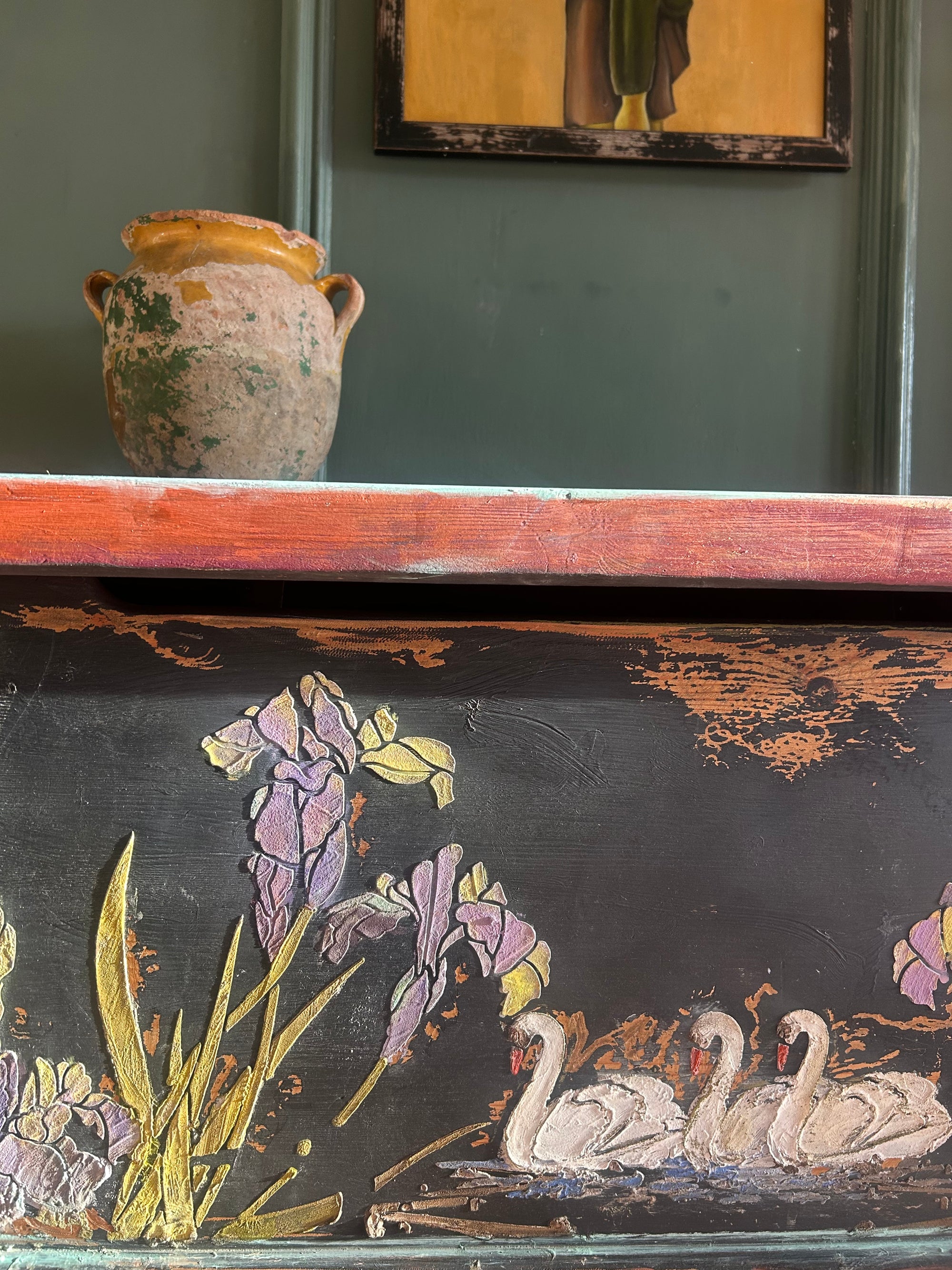 Vintage Painted Blanket Box with Swan Chinoiserie