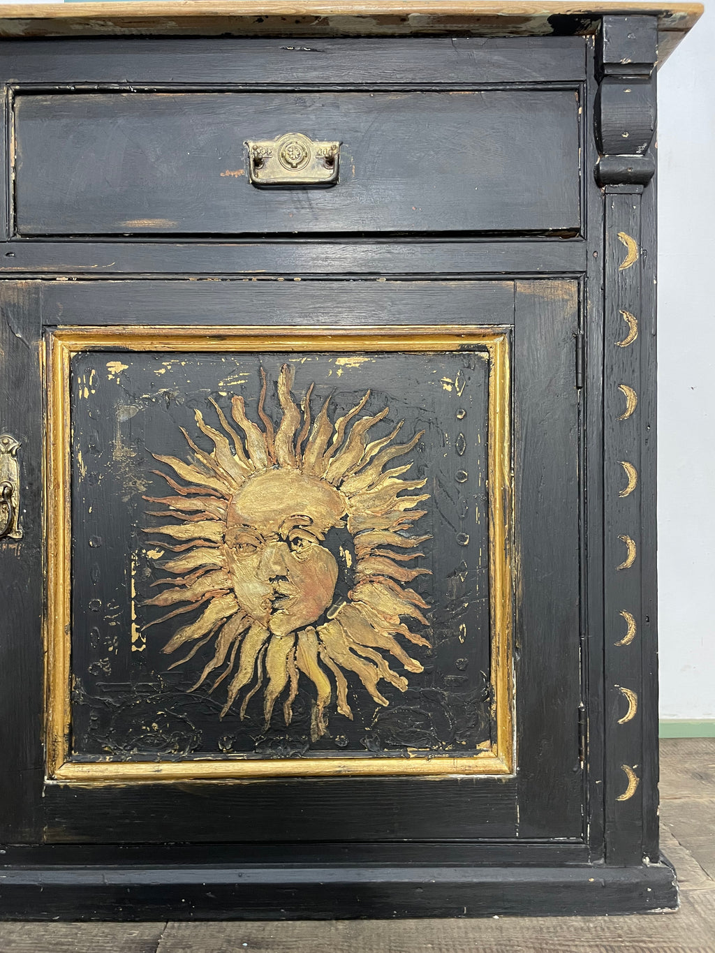 Vintage Painted Pine Sun & Moon Cupboard