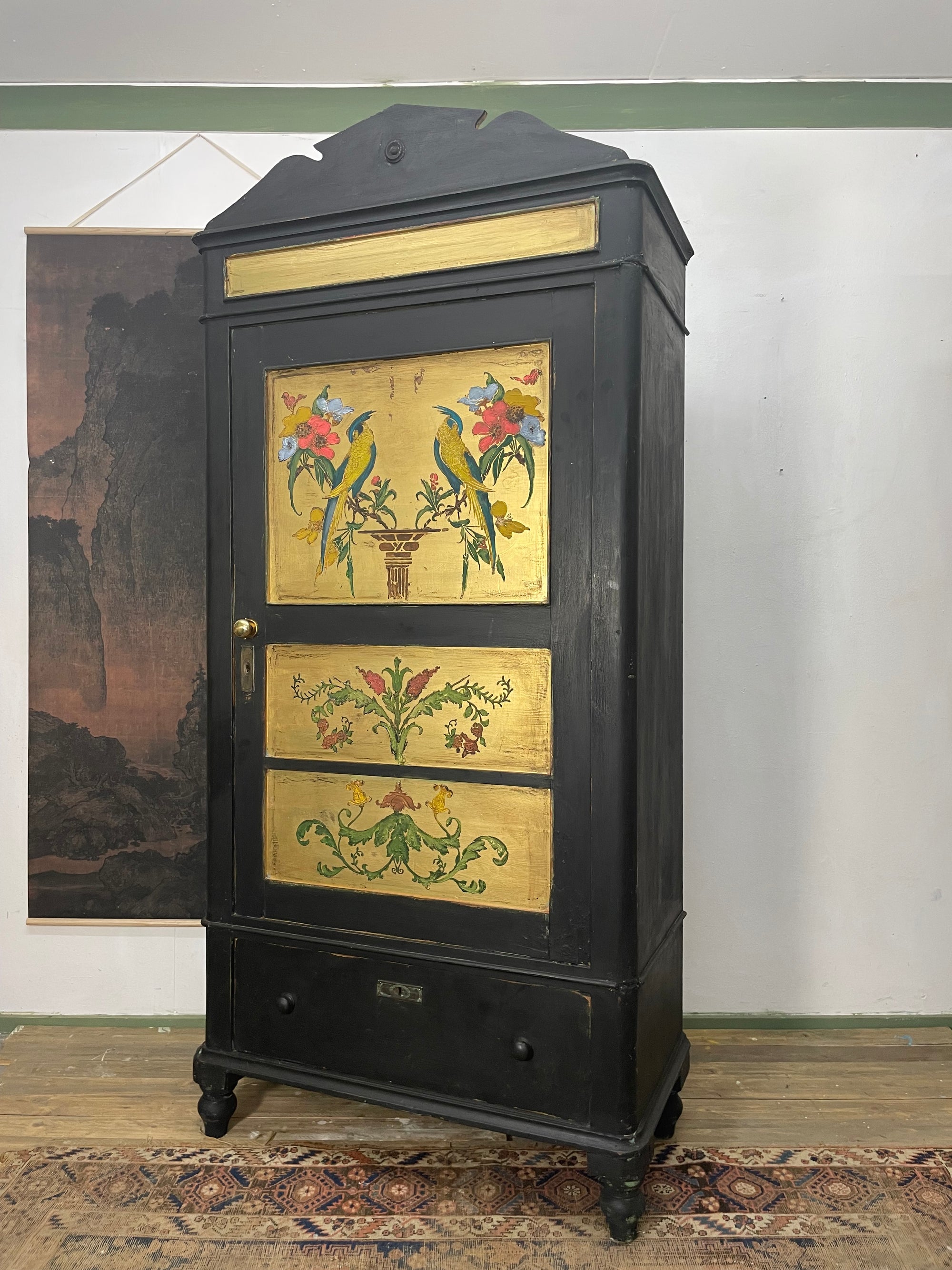 Vintage Painted Pine Wardrobe/ Hall Cupboard with Bird Panels