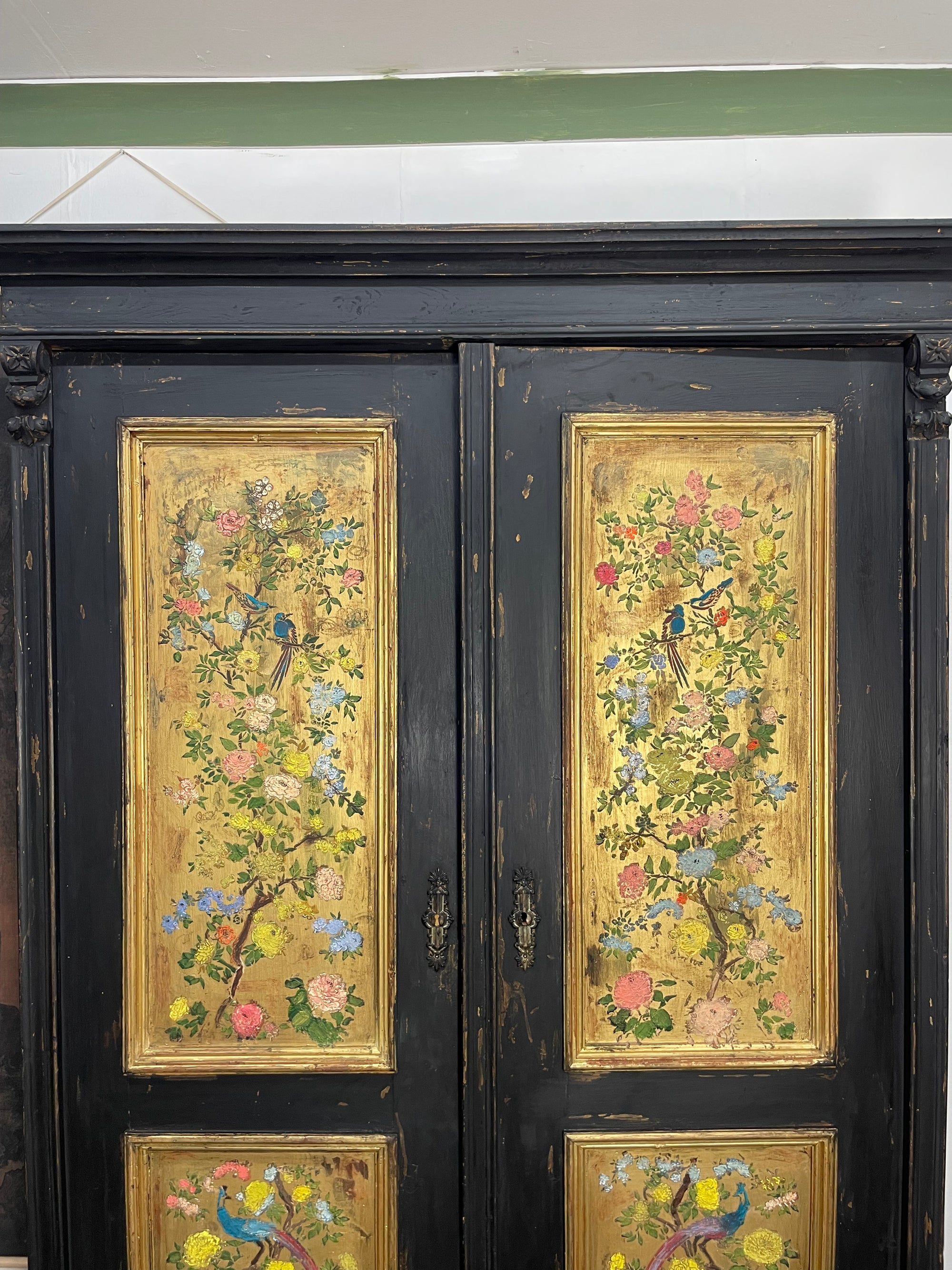 Vintage Painted Pine Wardrobe with Chinoiserie Panels