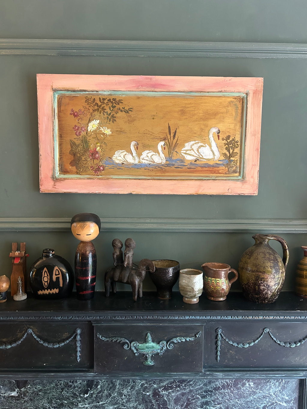 Reclaimed Door Wallhanging with Swan Chinoiserie