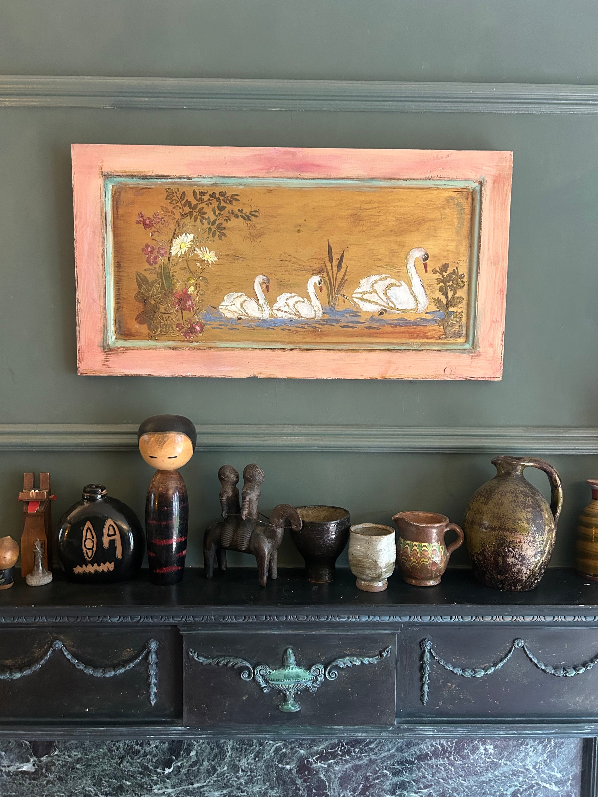 Reclaimed Door Wallhanging with Swan Chinoiserie