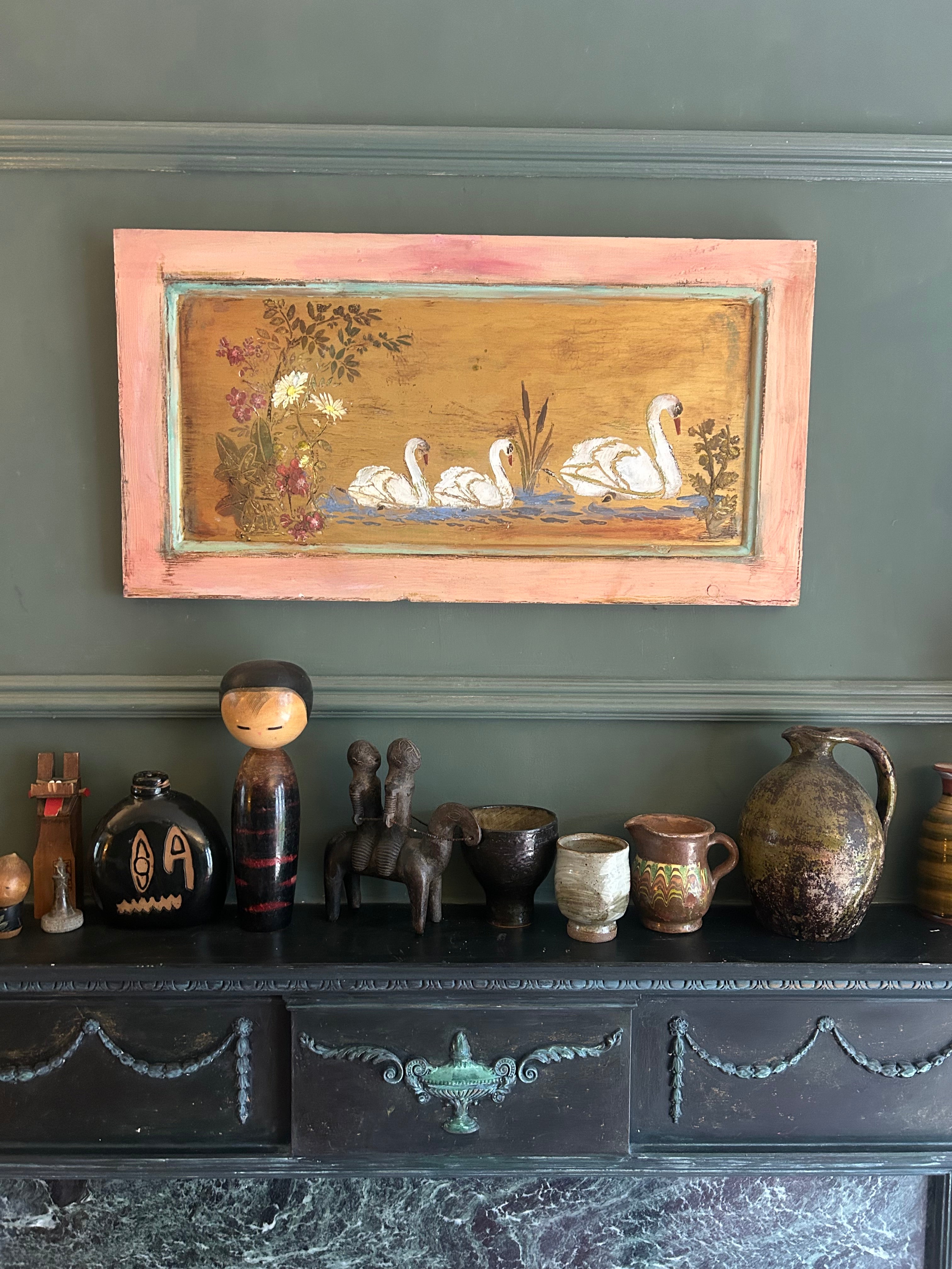 Reclaimed Door Wallhanging with Swan Chinoiserie