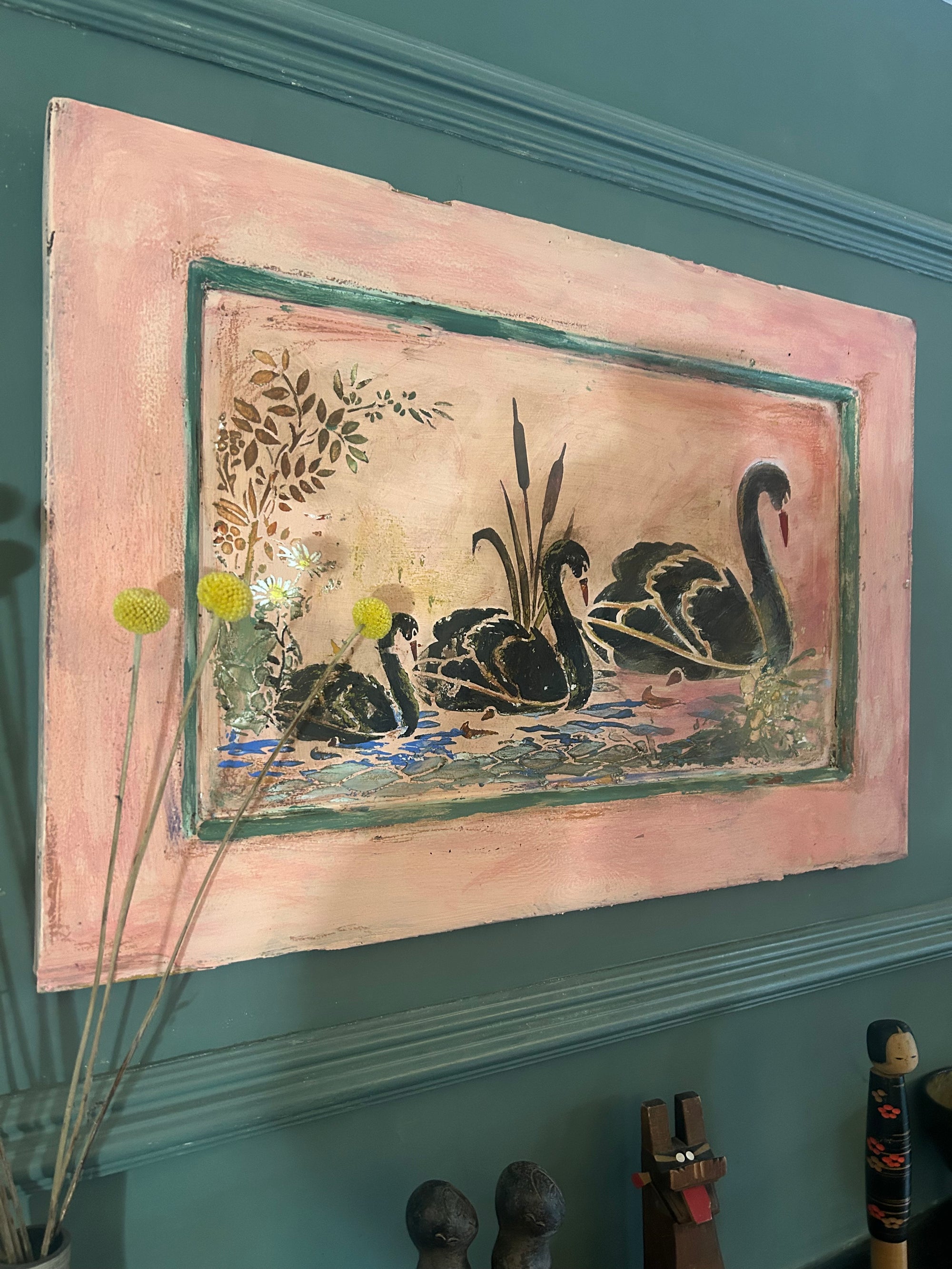 Reclaimed Door Wallhanging with Black Swan Chinoiserie