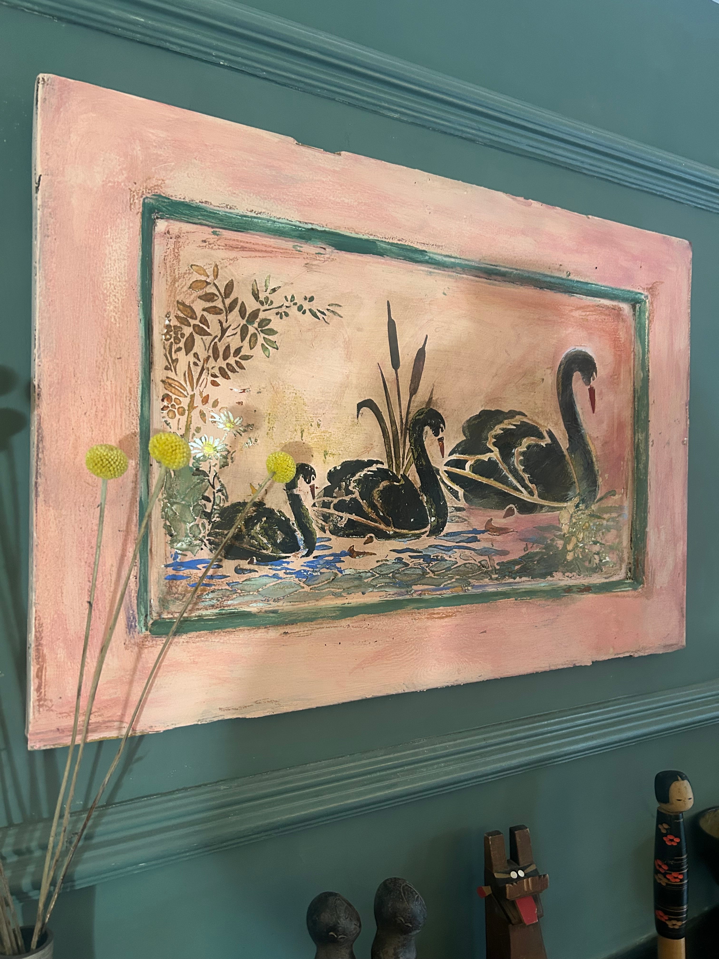 Reclaimed Door Wallhanging with Black Swan Chinoiserie