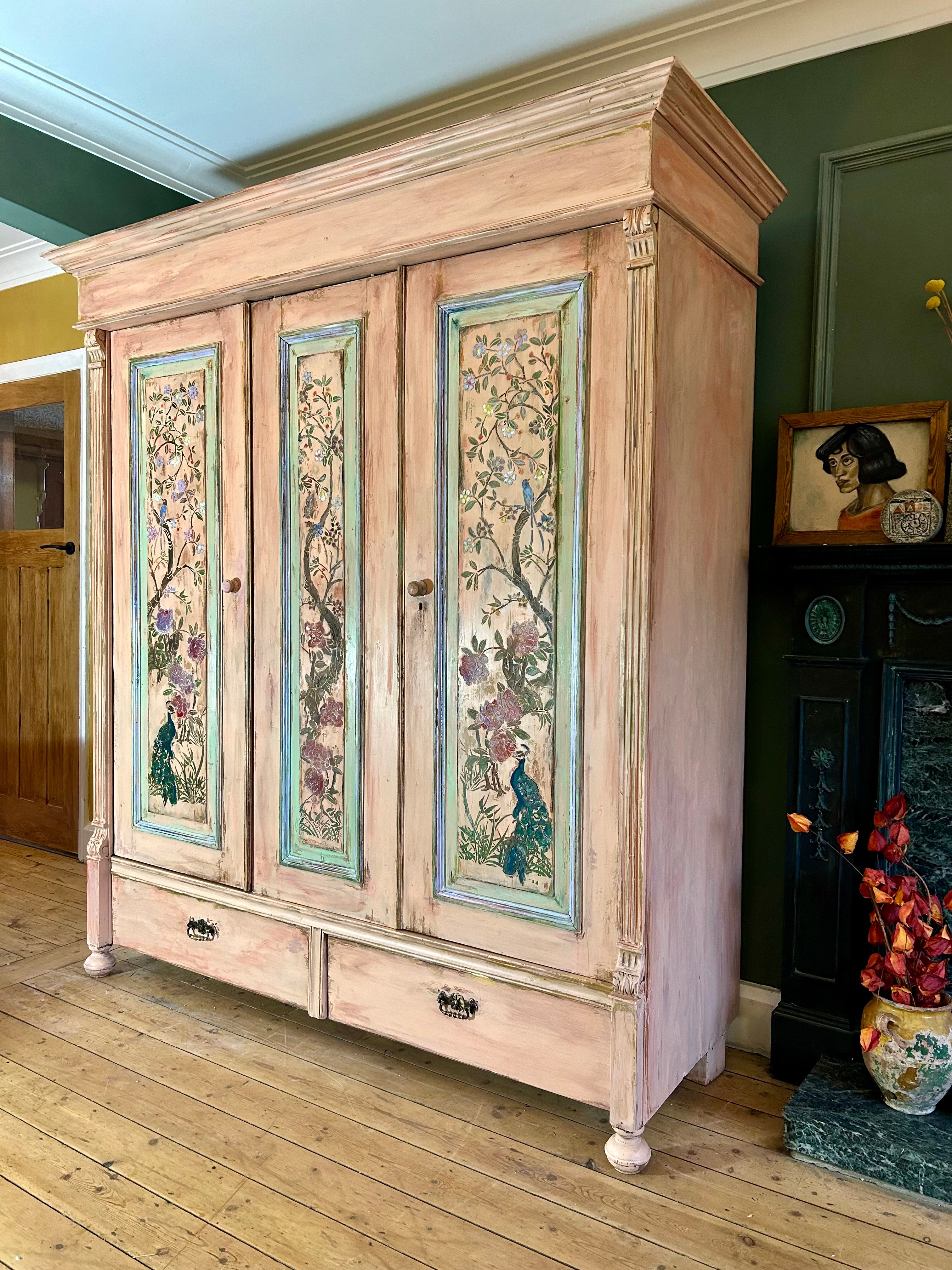 Vintage Painted Pine Large Wardrobe with Chinoiserie Panels