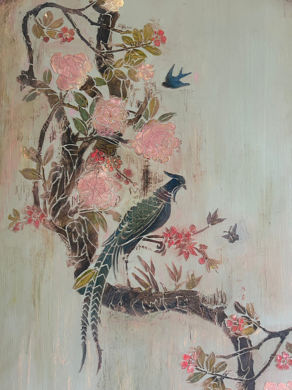Antique Painted Pine Armoire with Chinoiserie Panel