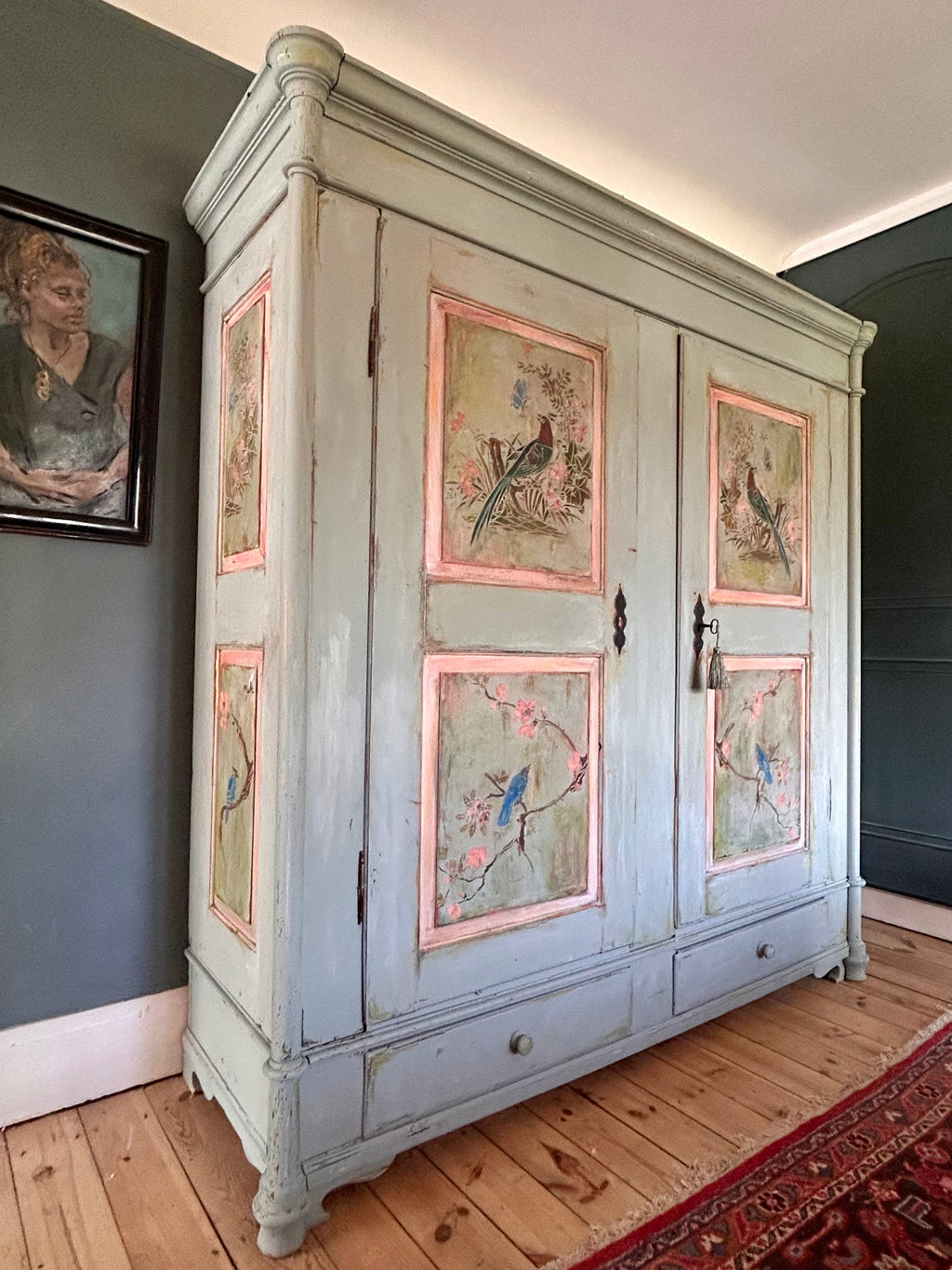 Large Vintage Painted Pine Double Wardrobe with Inlaid Chinoiserie