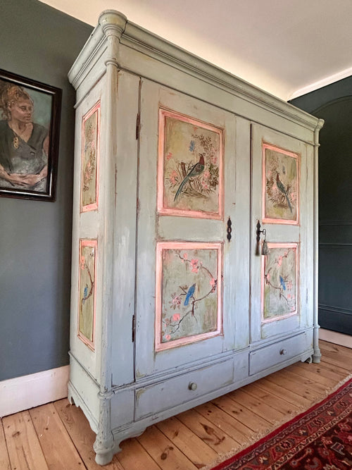 Large Vintage Painted Pine Double Wardrobe with Inlaid Chinoiserie