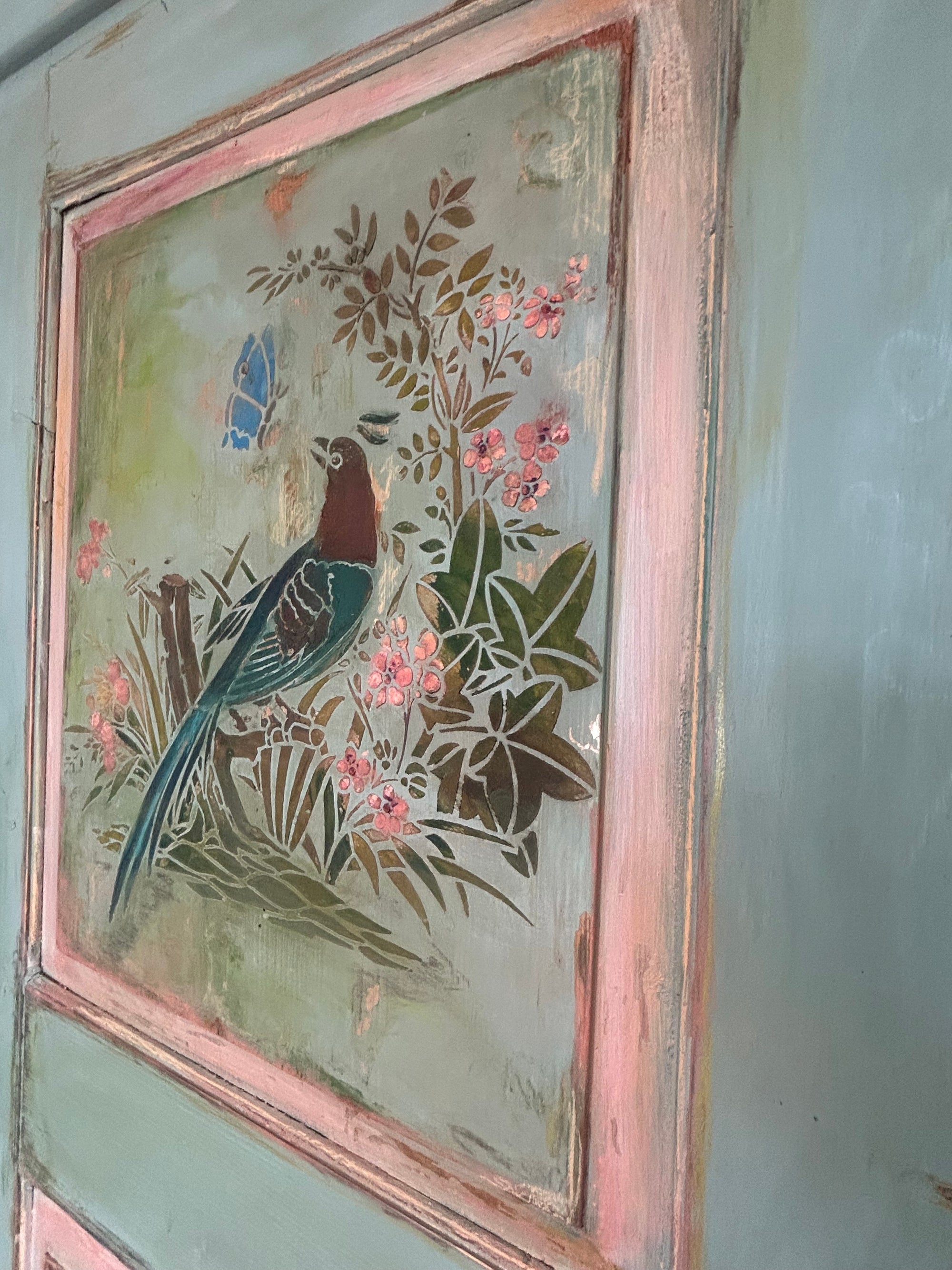 Large Vintage Painted Pine Double Wardrobe with Inlaid Chinoiserie