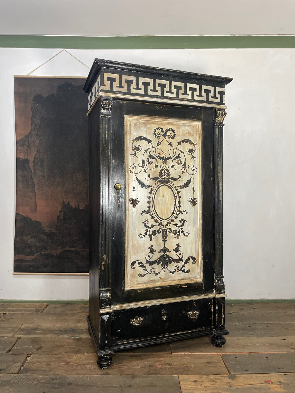 Vintage Painted Pine Wardrobe with Versailles Panel