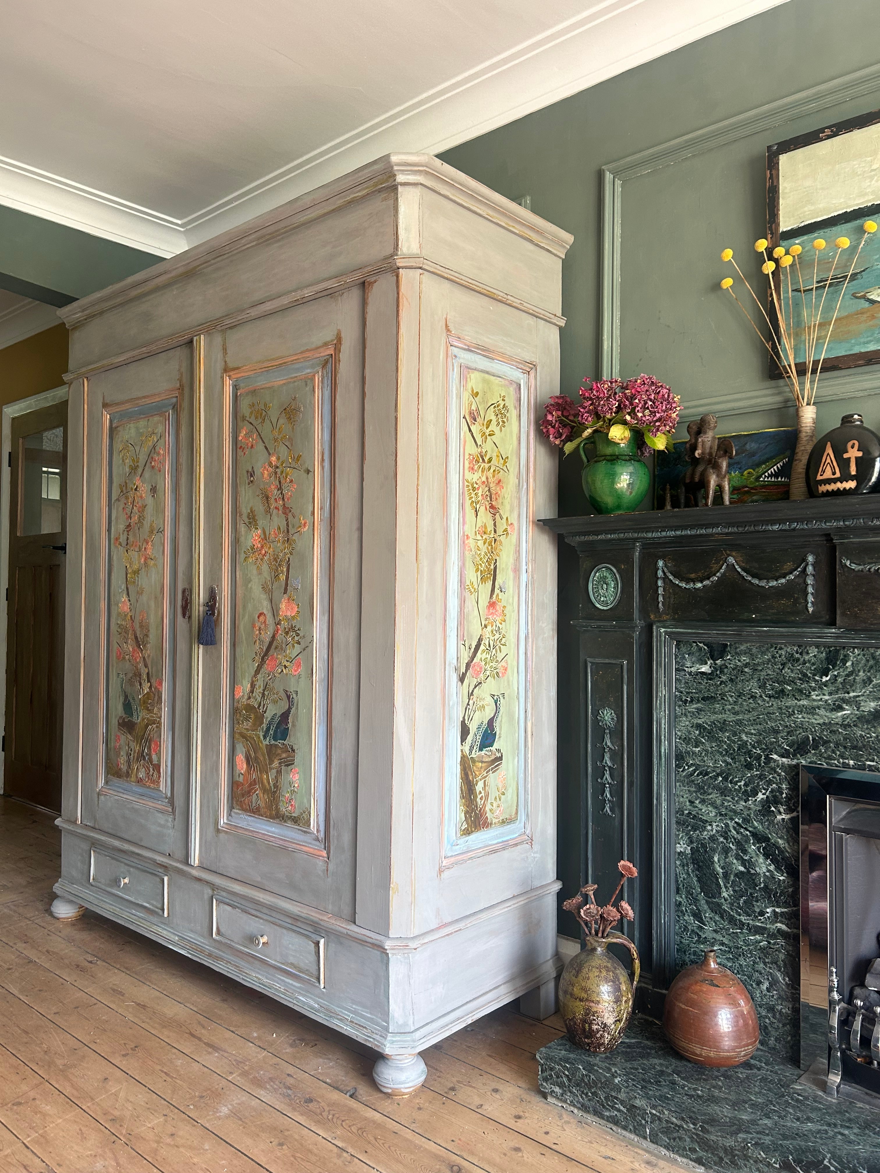 Vintage Painted Double wardrobe with Inlaid Chinoiserie