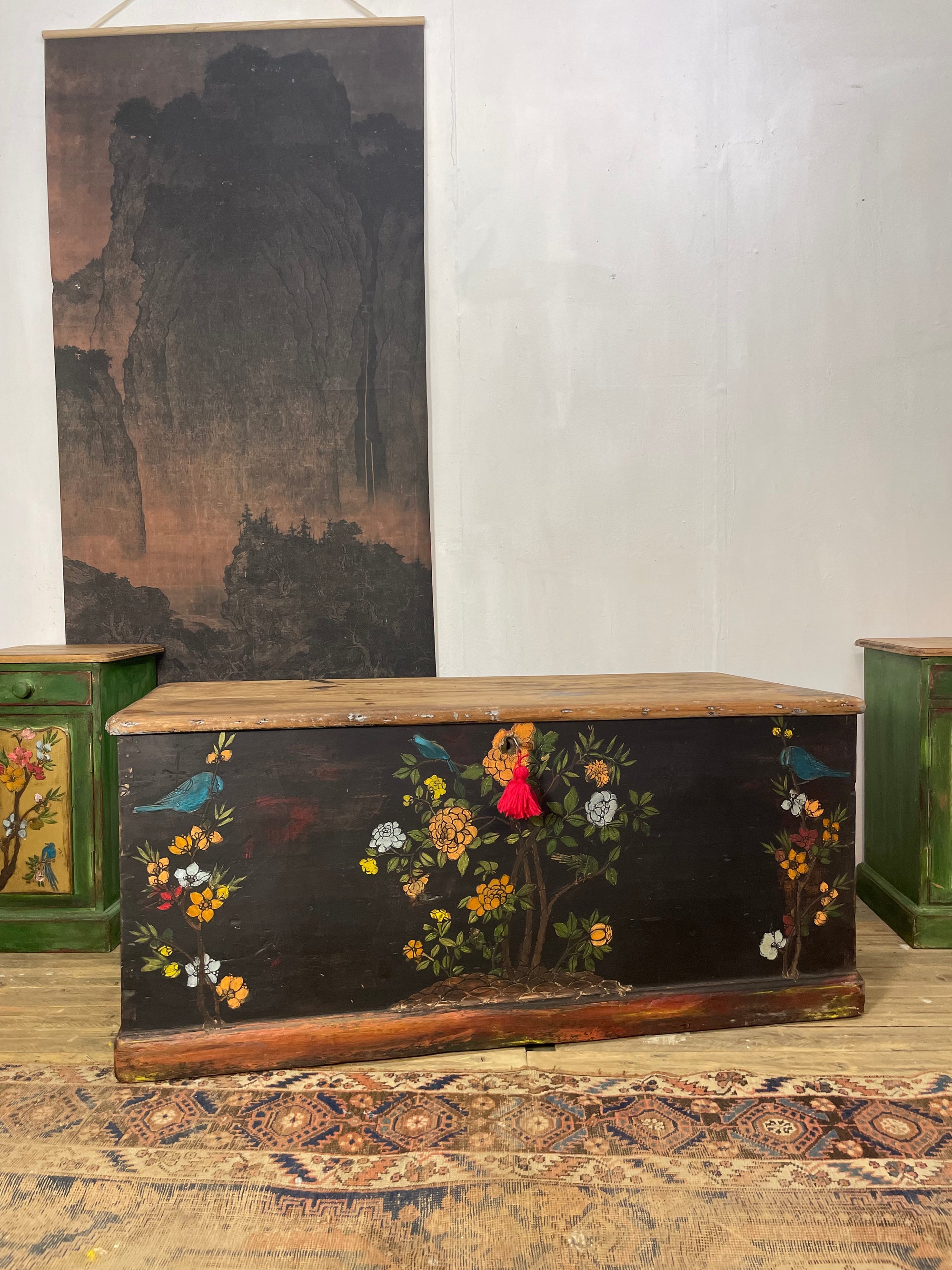 Vintage Painted Pine Blanket Box with Bird Chinoiserie