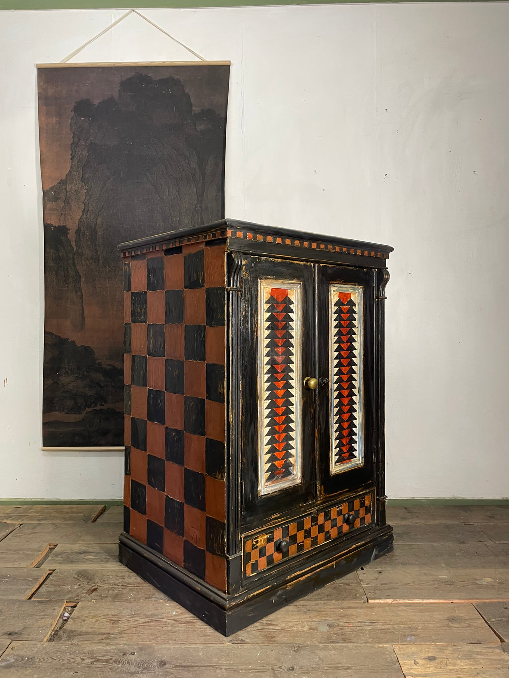 Vintage Painted Pine Folk Art Cupboard