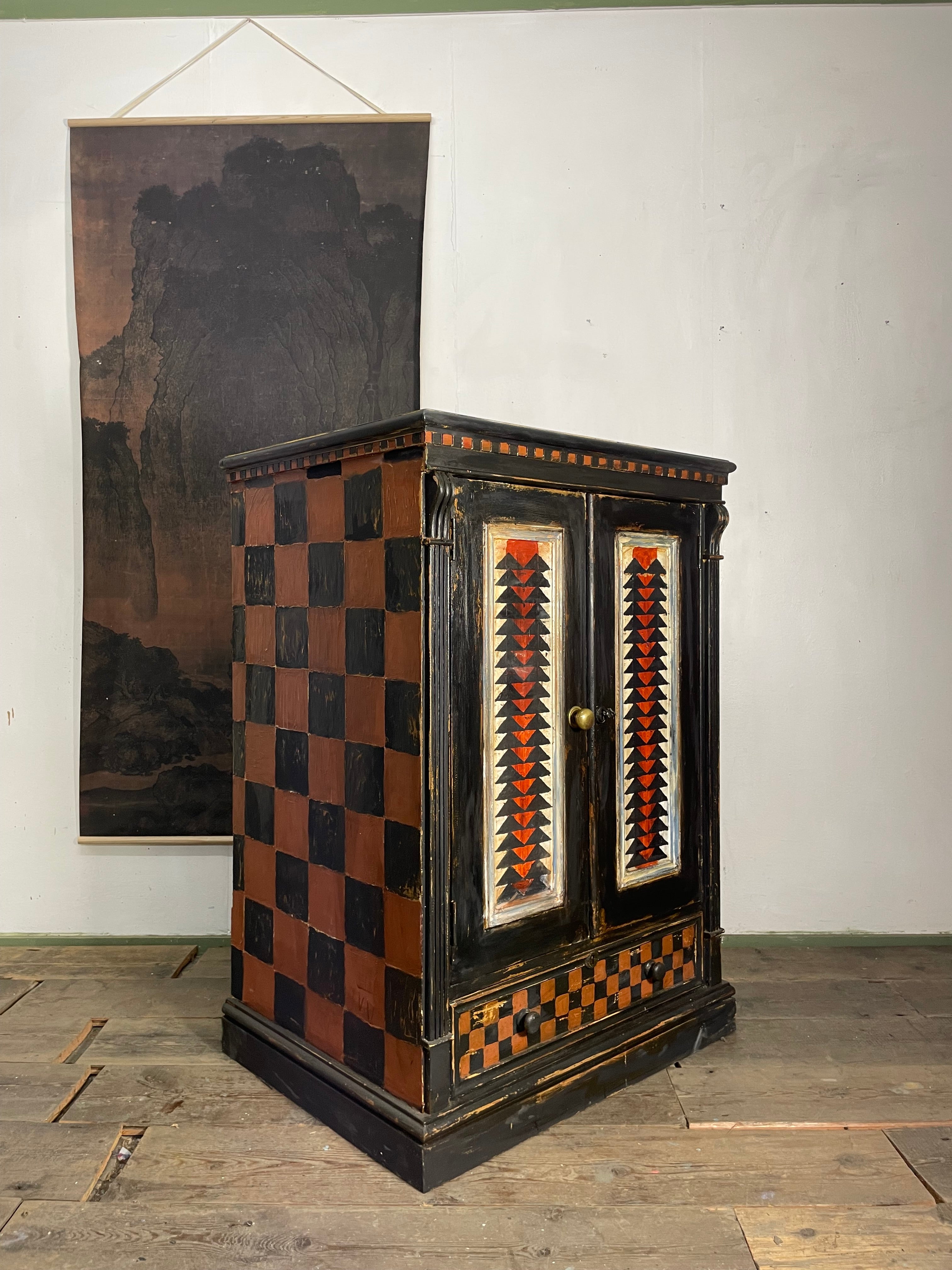 Vintage Painted Pine Folk Art Cupboard