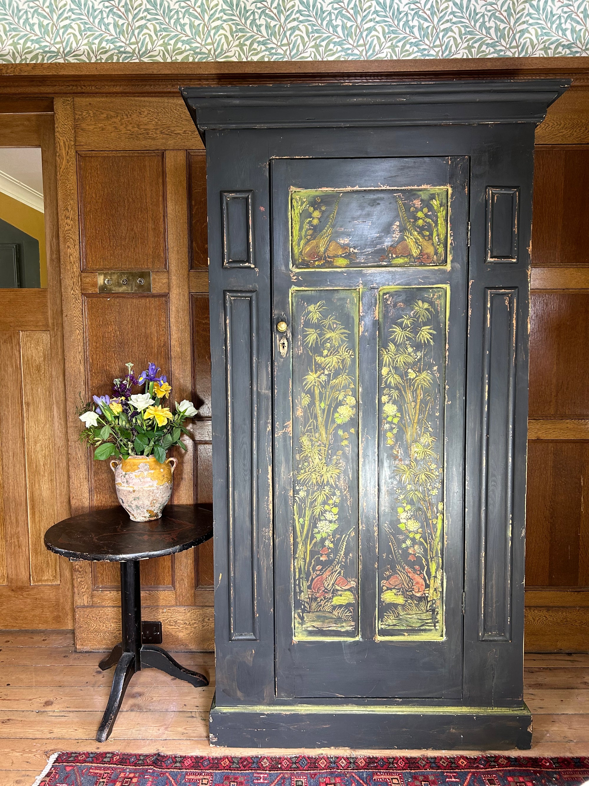 Vintage Painted Hall Cupboard/ Small Wardrobe with Inlaid Chinoiserie