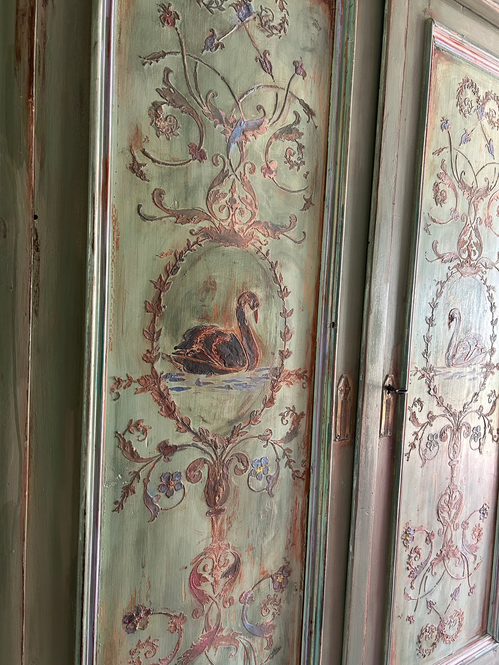 Painted Pine French Wardrobe with Chinoiserie Black Swan