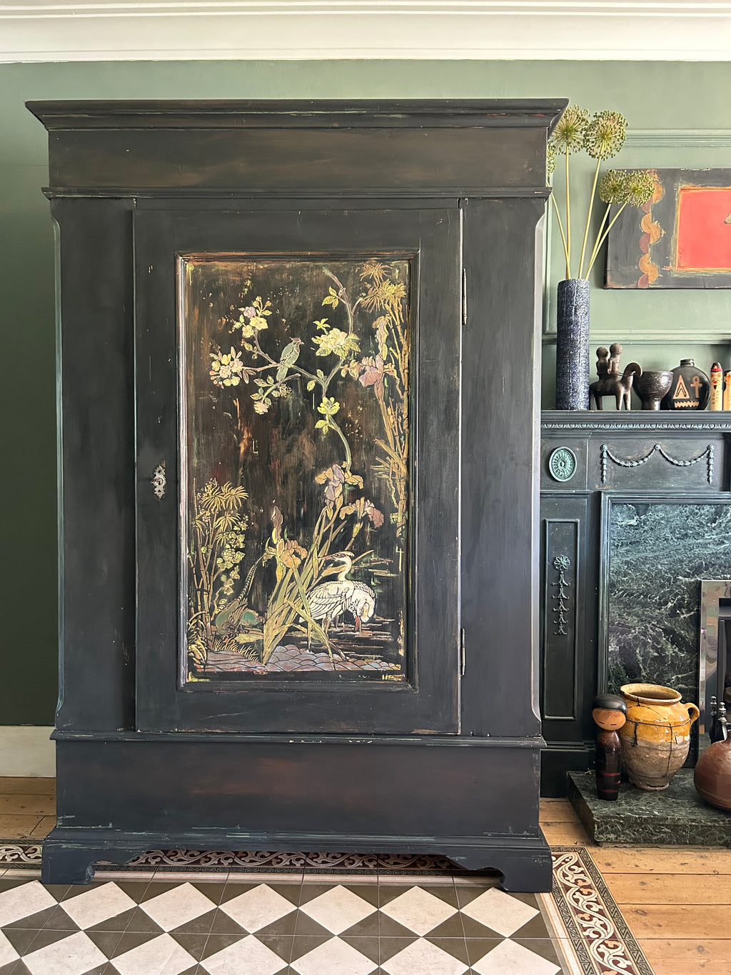 Vintage Painted Pine Armoire with Chinoiserie Panels
