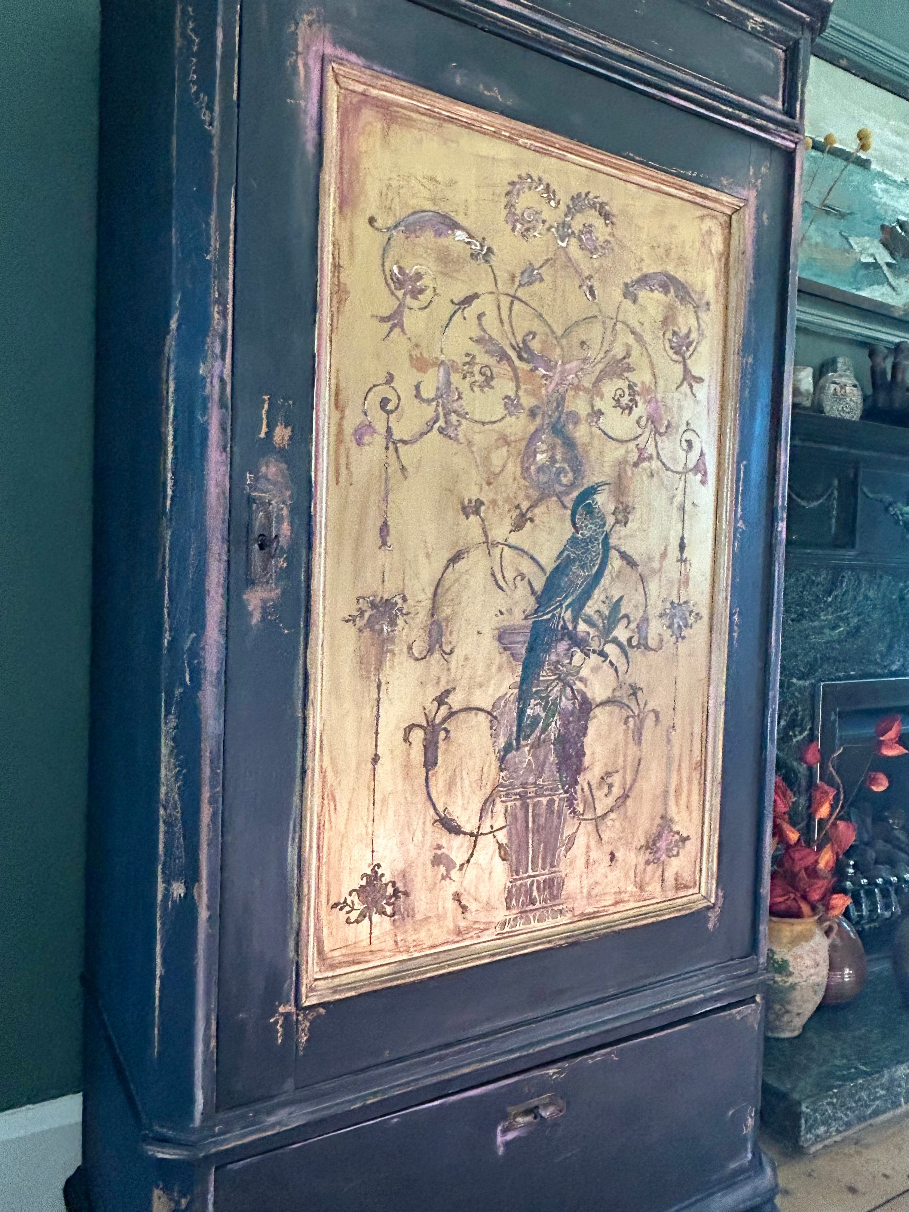Vintage Painted Hall Cupboard/ Armoire with Chinoiserie Panel